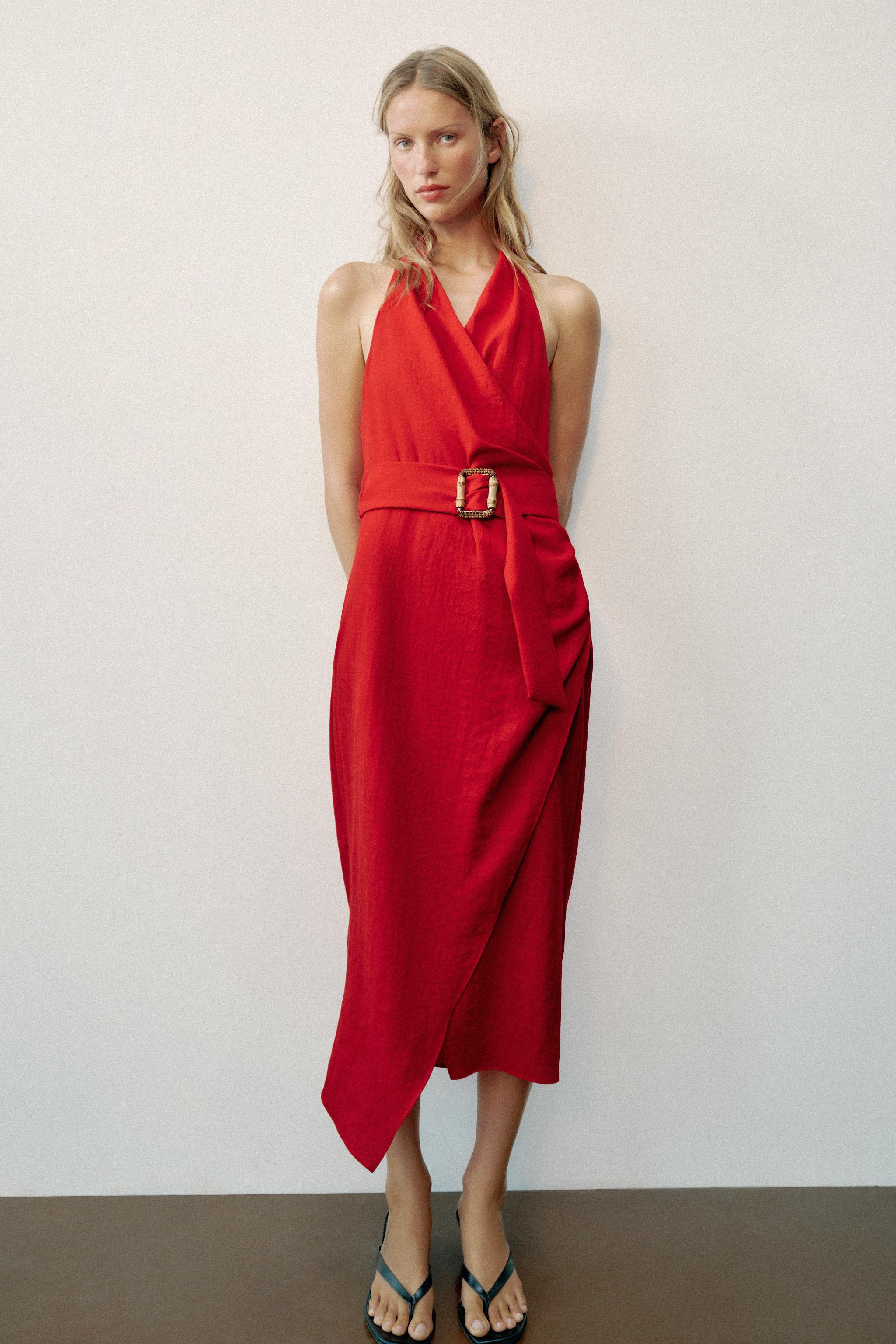 Belted Wrap Midi Dress - Red - Xs