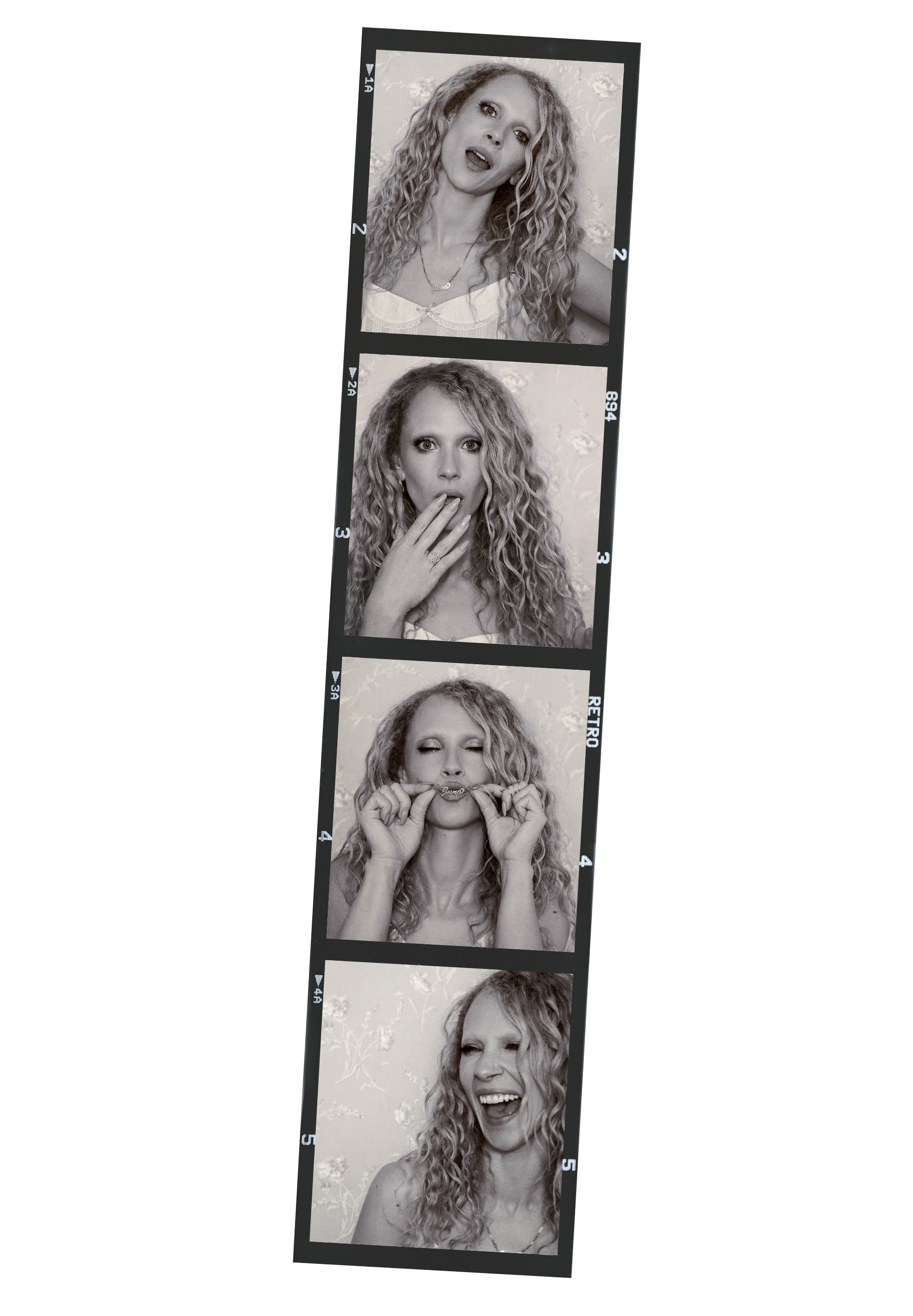 Photo booth strip with Juno Temple making funny faces.