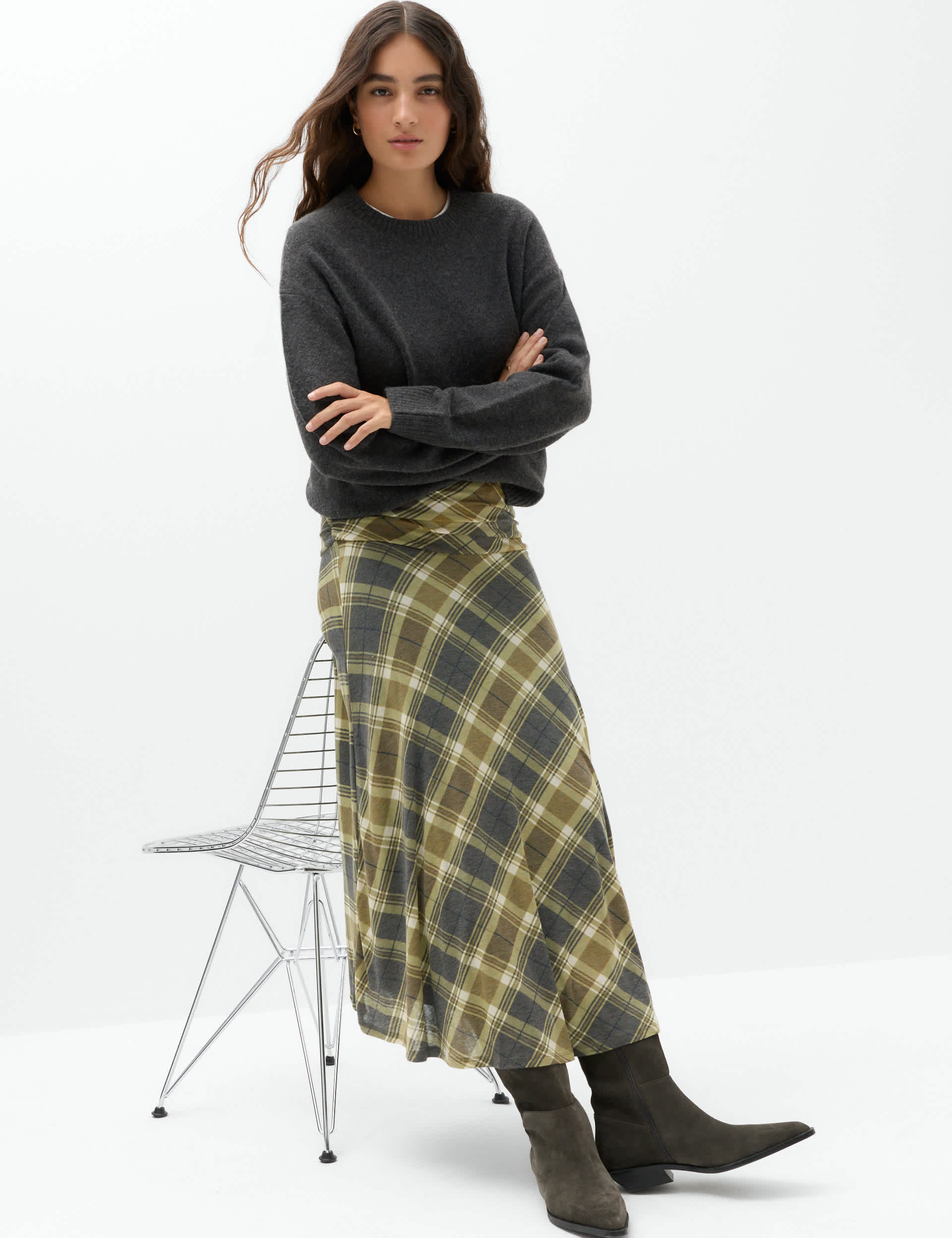 Lyocell Blend Checked Ruched Midi A-Line Skirt