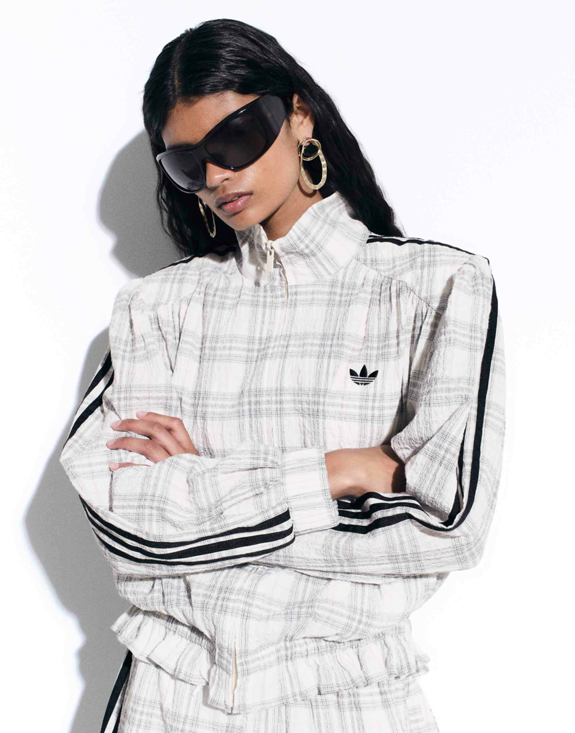Adidas Originals X Asos Track Jacket in Cream Plaid Seersucker With Shoulder Pads
