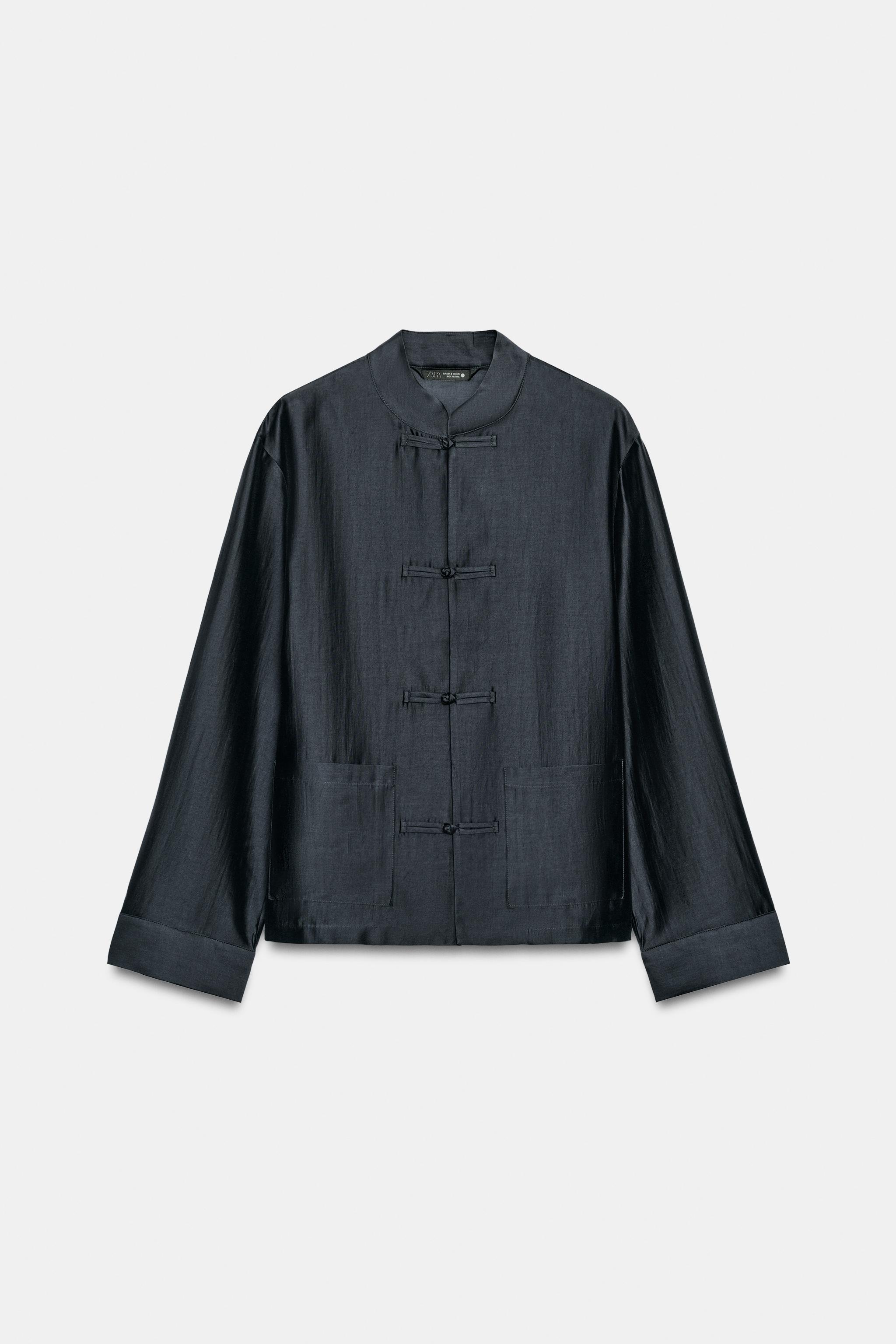 Zw Collection Satin Shirt With Frog Fastening - Navy Blue - Xs
