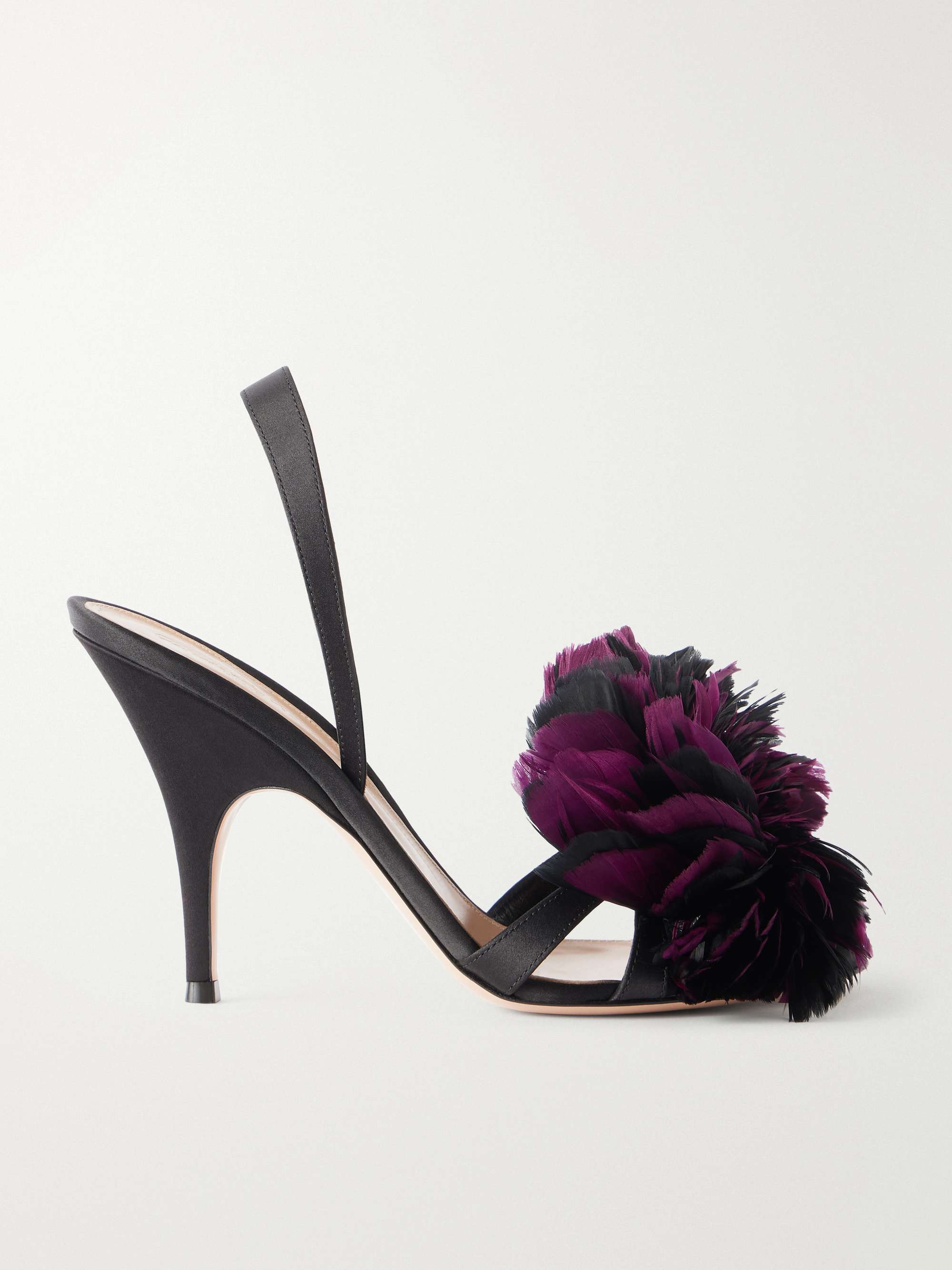 95 Feather-Embellished Satin Sandals