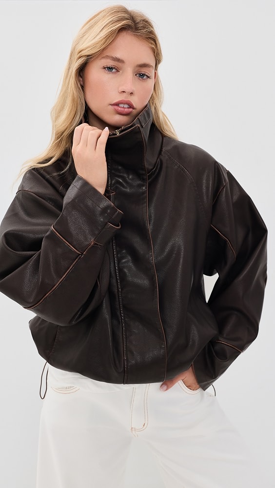 Shoreline Funnel Faux Leather Jacket - Chocolate