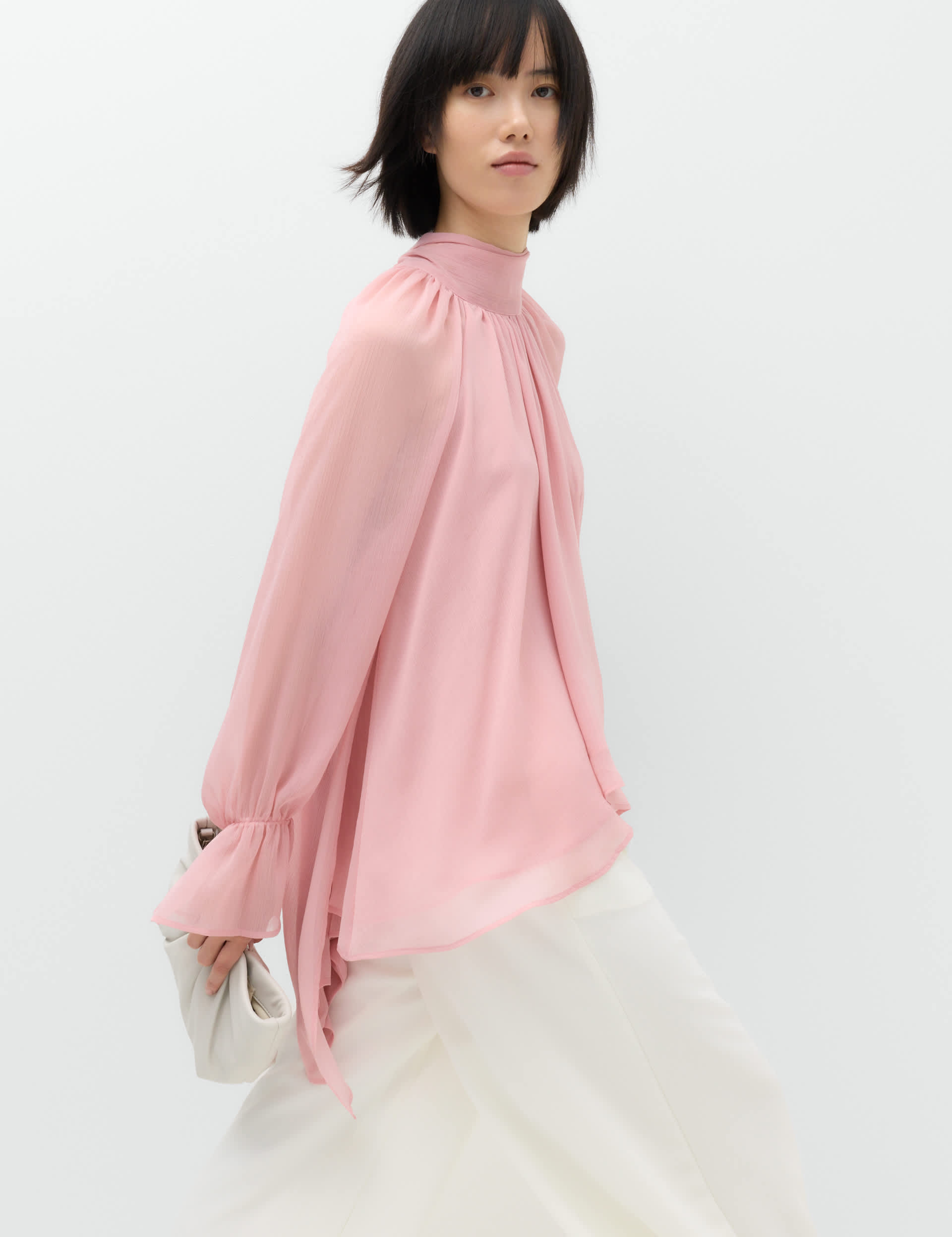 Draped Tie Neck Longline Blouse