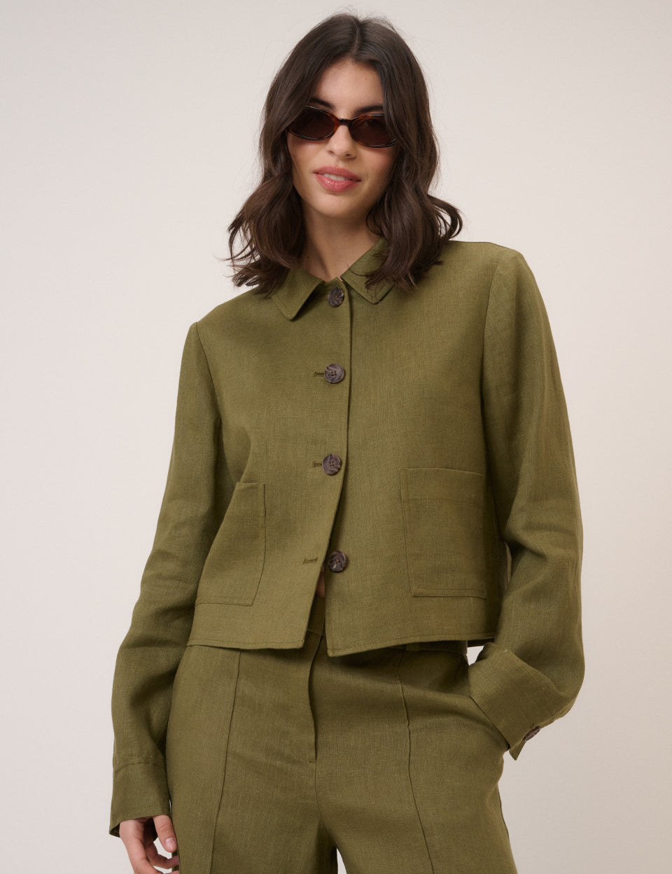 Khaki Linen-Blend Boxy Jacket