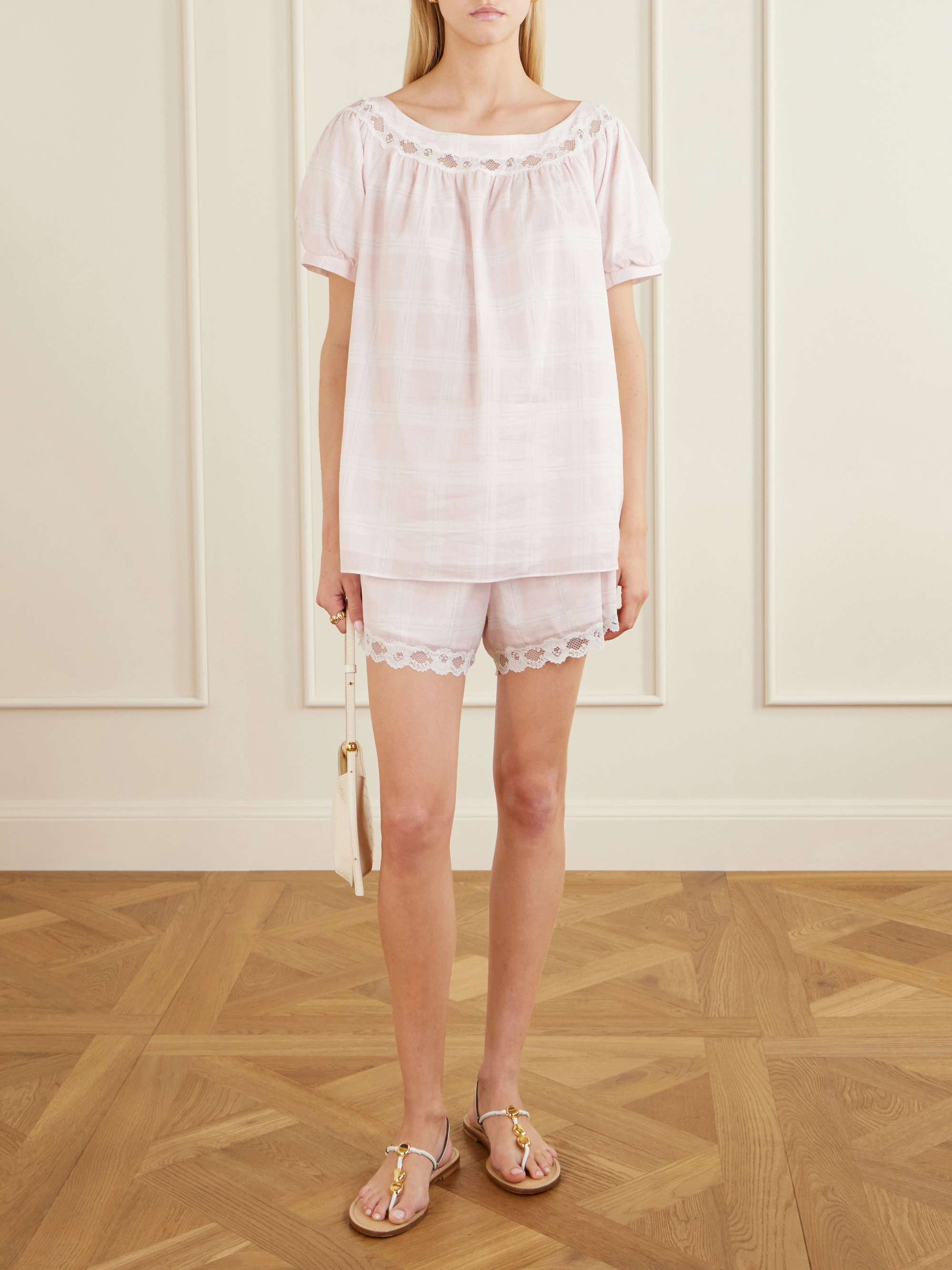 Marilyn Lace-Trimmed Checked Cotton Shorts