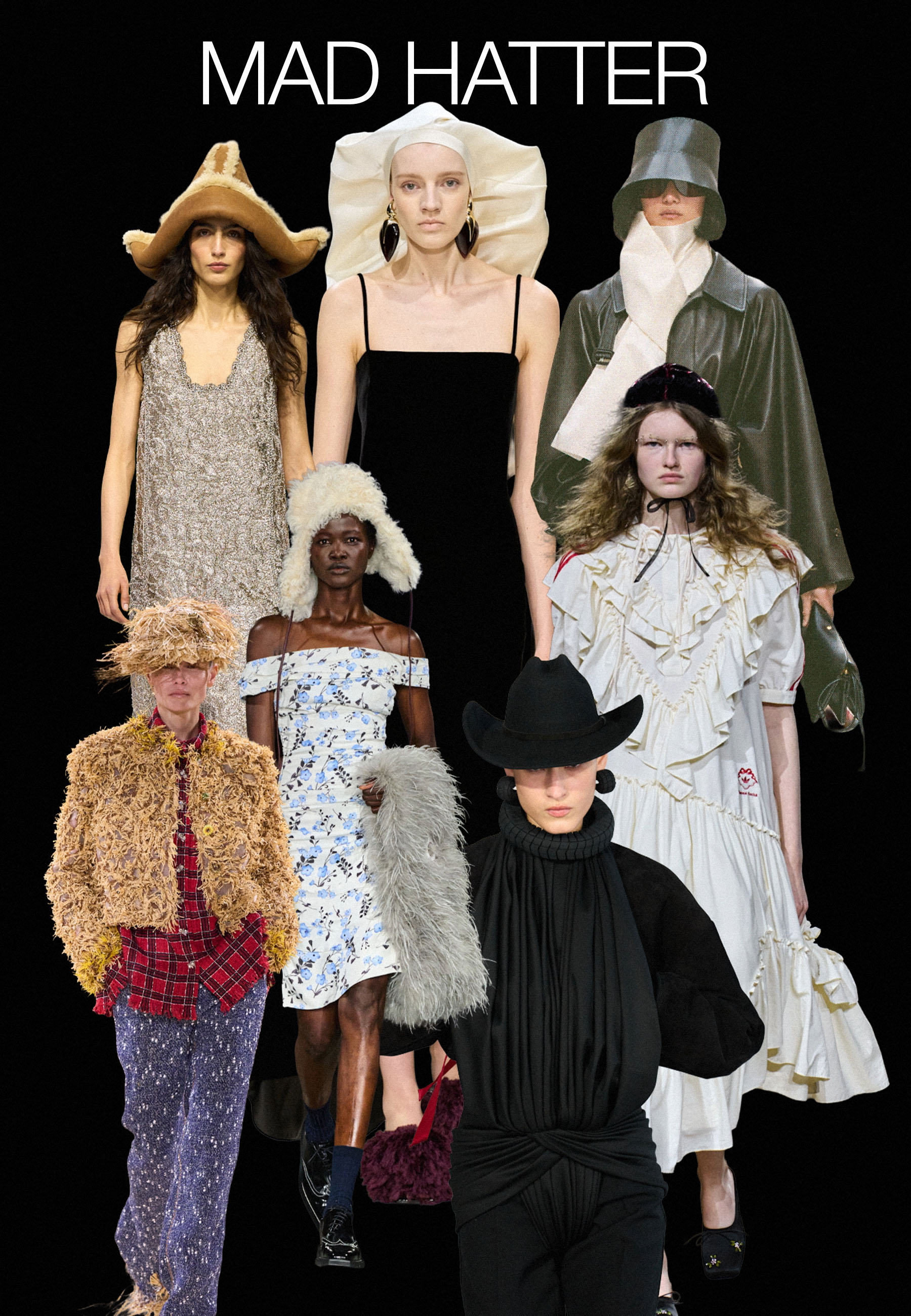 Collage of models on the autumn/winter 2026 runways at Louis Vuitton, Givenchy, Chanel, Mithridate, Celine, Simone Rocha, Jean Paul Gaultier wearing various hat trends.