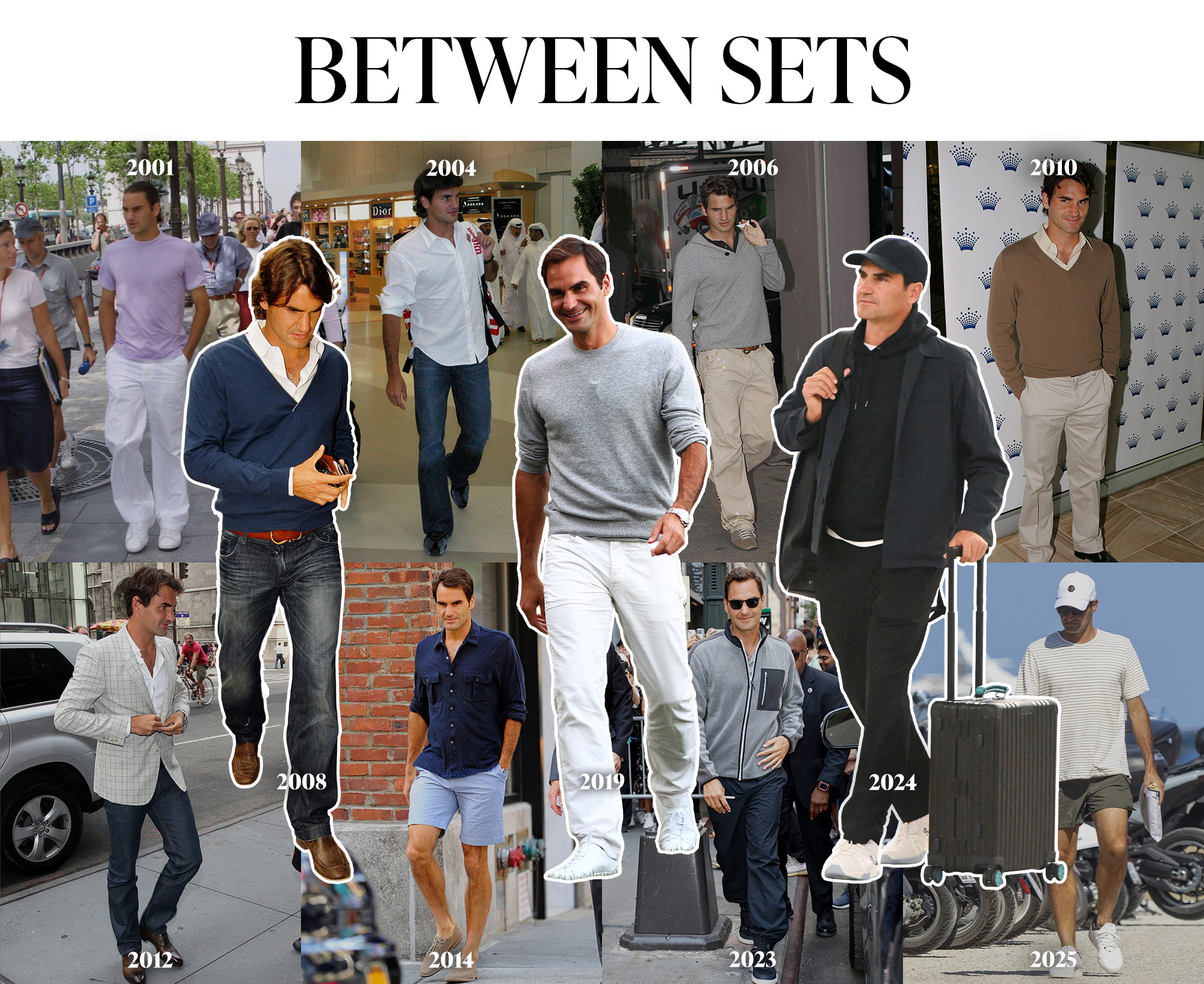 A collage of Roger Federer outfits.