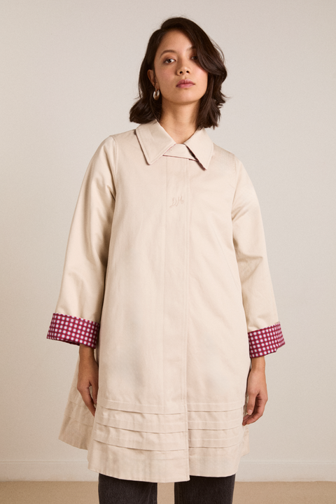 Mercedes Bow Reversible Trench - Gingham & Ecru