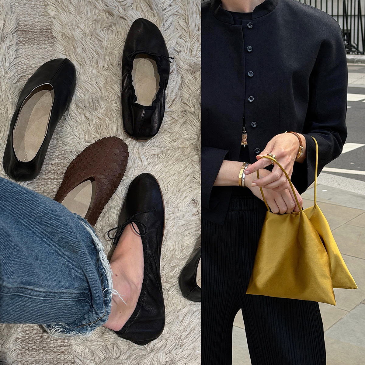 The Row Cecily bag in yellow satin alongside an assortment of The Row flat shoes