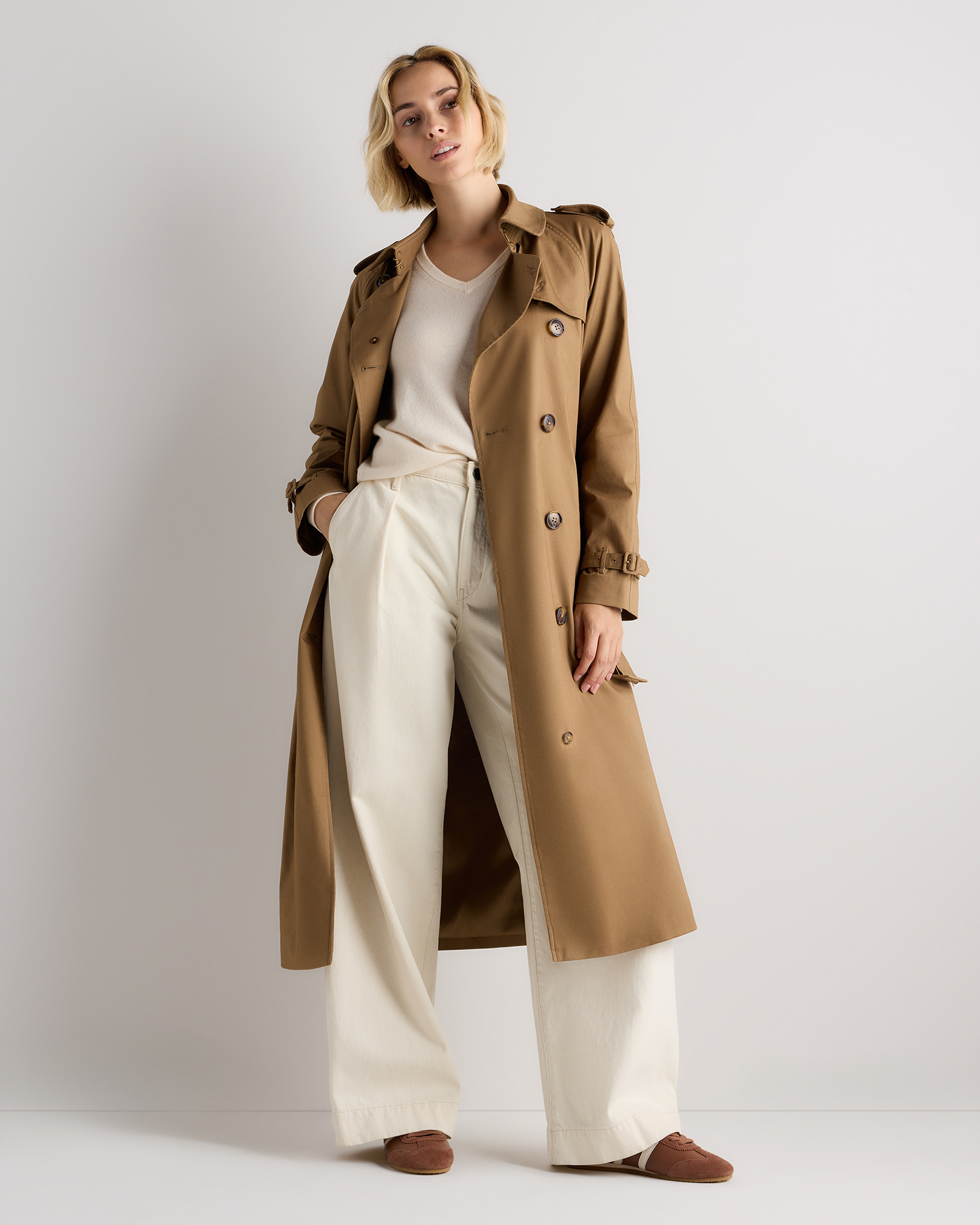 Comfort Stretch Long Trench Coat in Dark Khaki