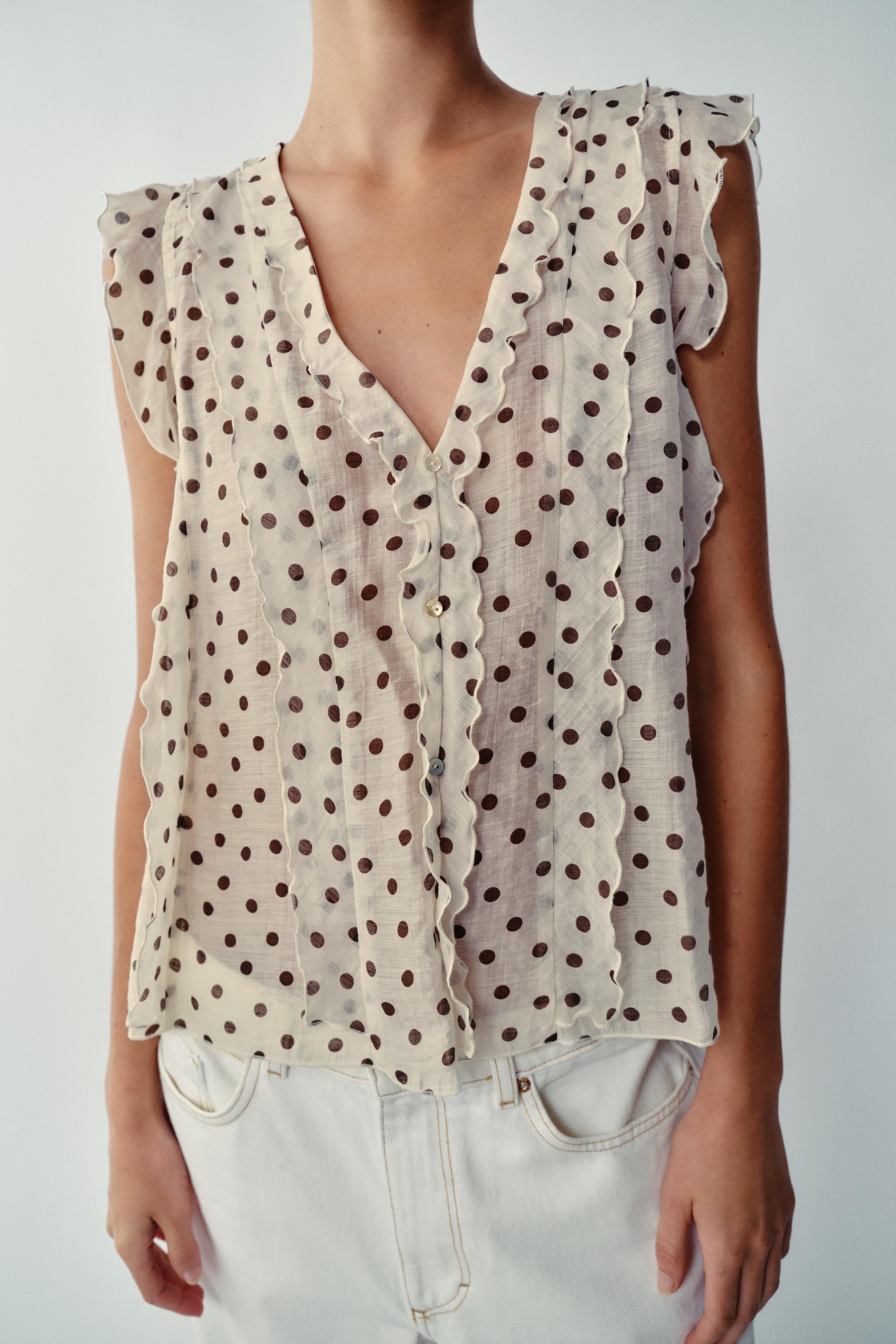 Printed Polka Dot Blouse - Ecru / Brown - Xs