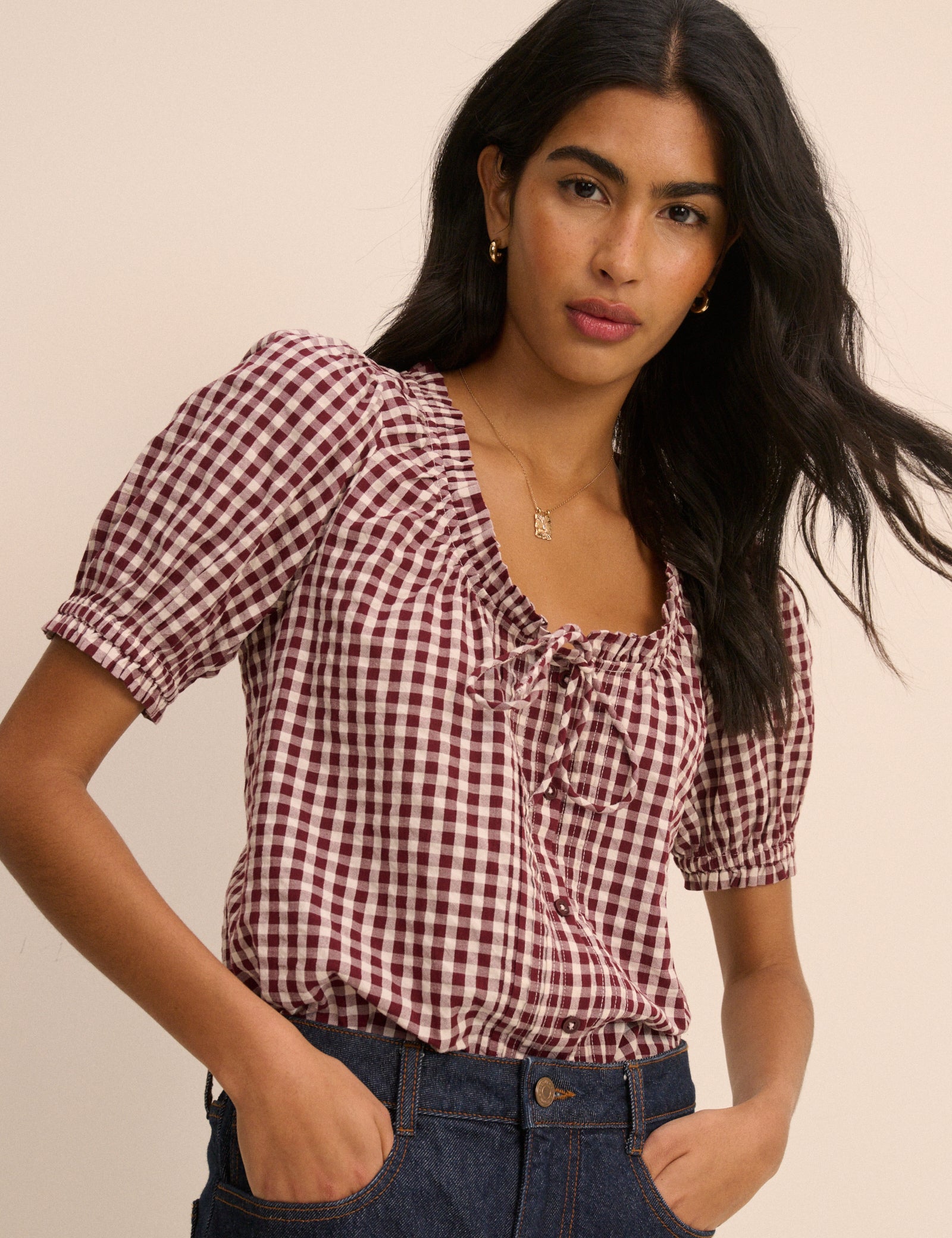 Burgundy Gingham Puff Sleeve Lumi Blouse