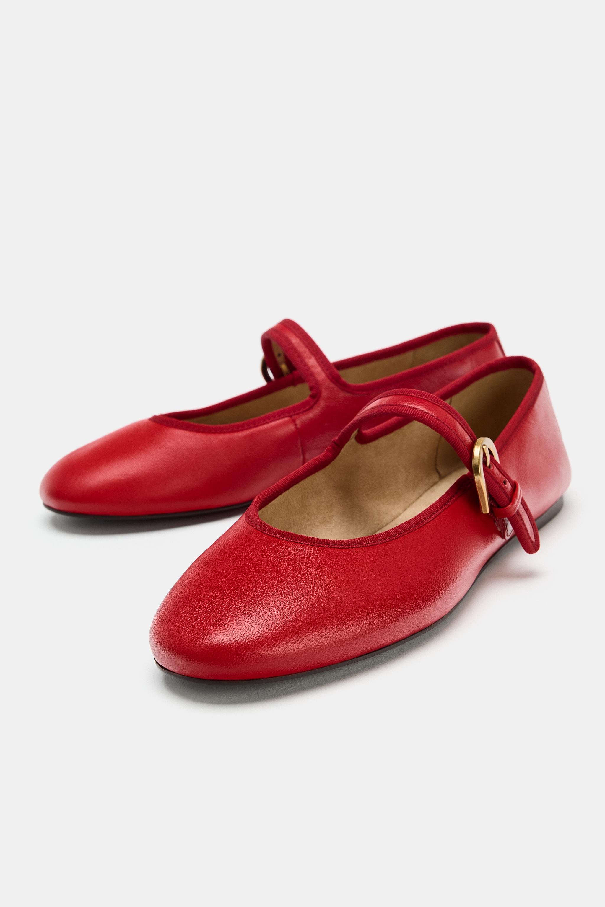 Leather Ballerina Flats - Red - 2