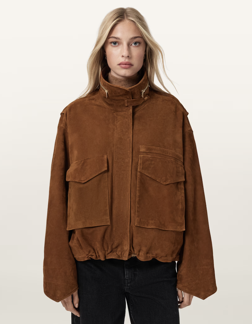 Allsaints, Clay Funnel Neck Suede Cropped Jacket