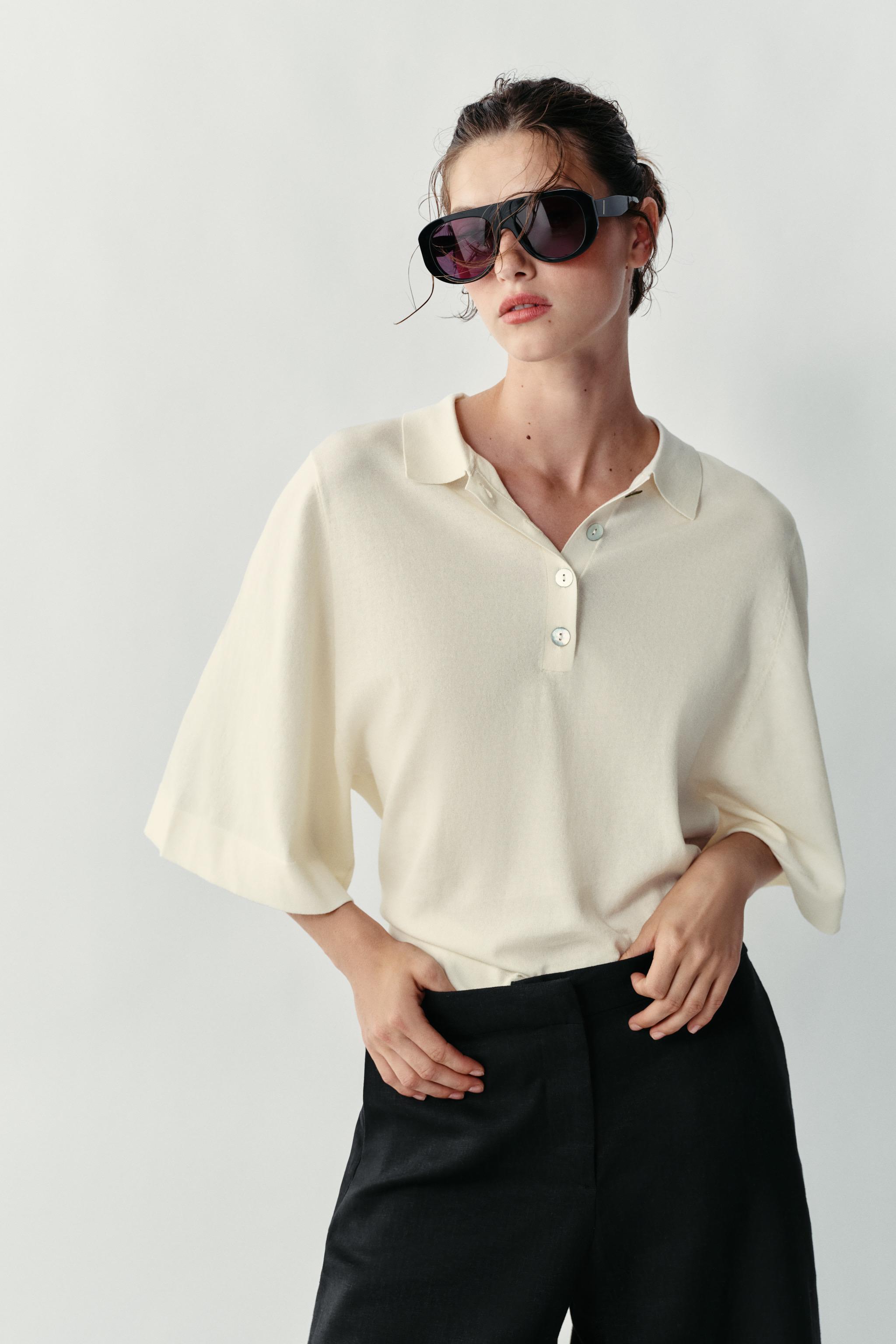 Elbow-Length Sleeve Knit Polo - Ecru - S