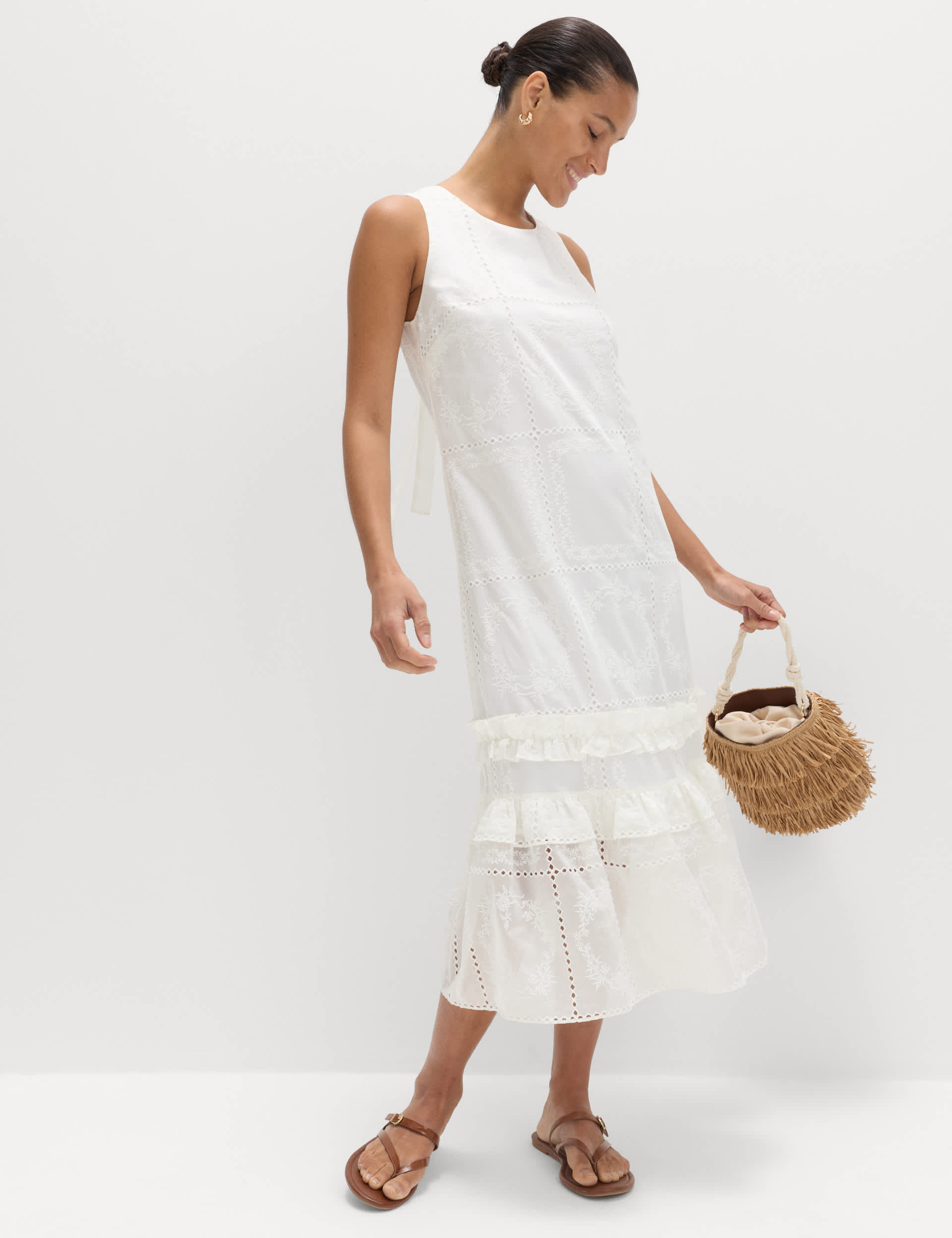 Lyocell Rich Broderie Midi Tiered Dress