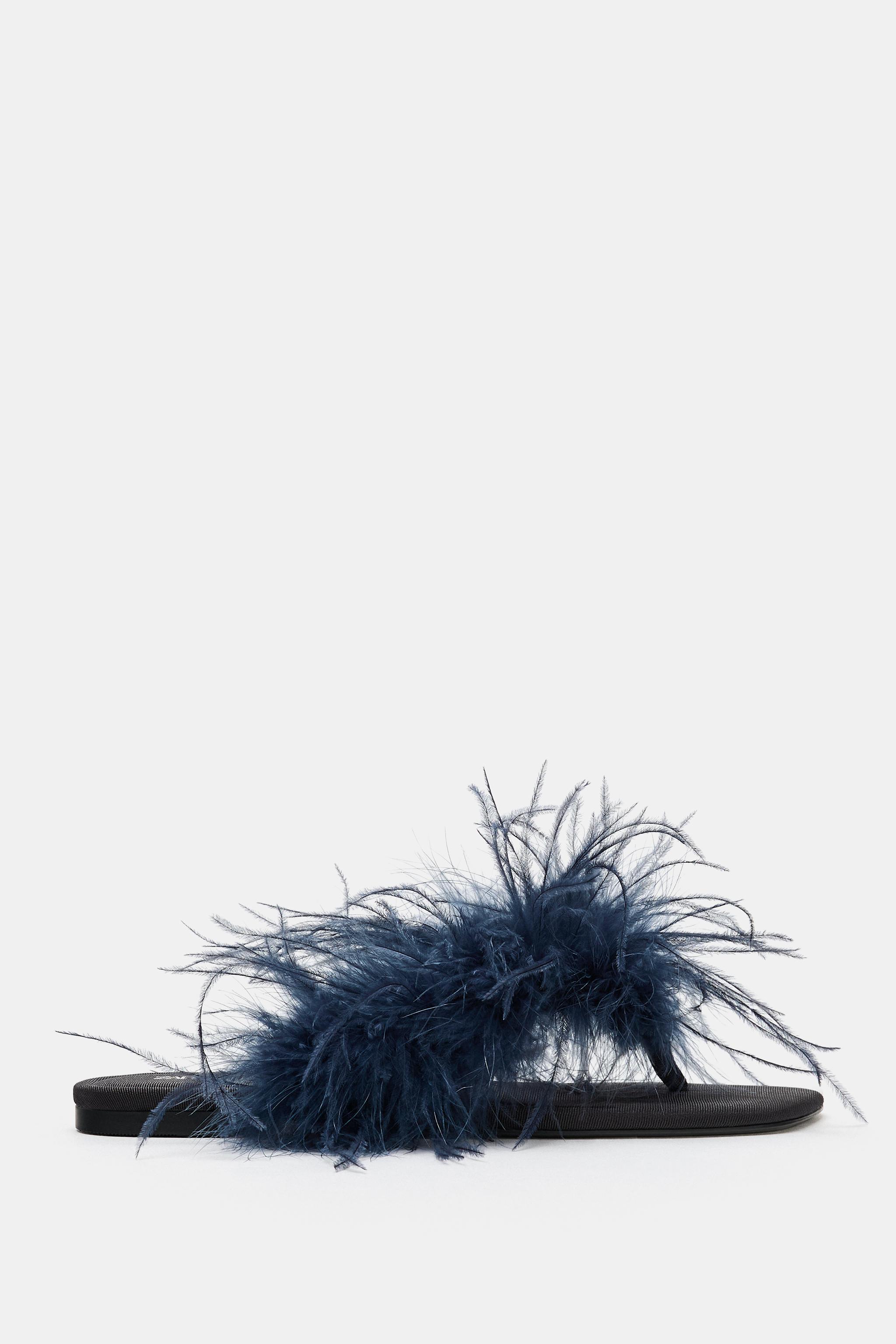 Feather Detail Flat Sandals - Blue - 2