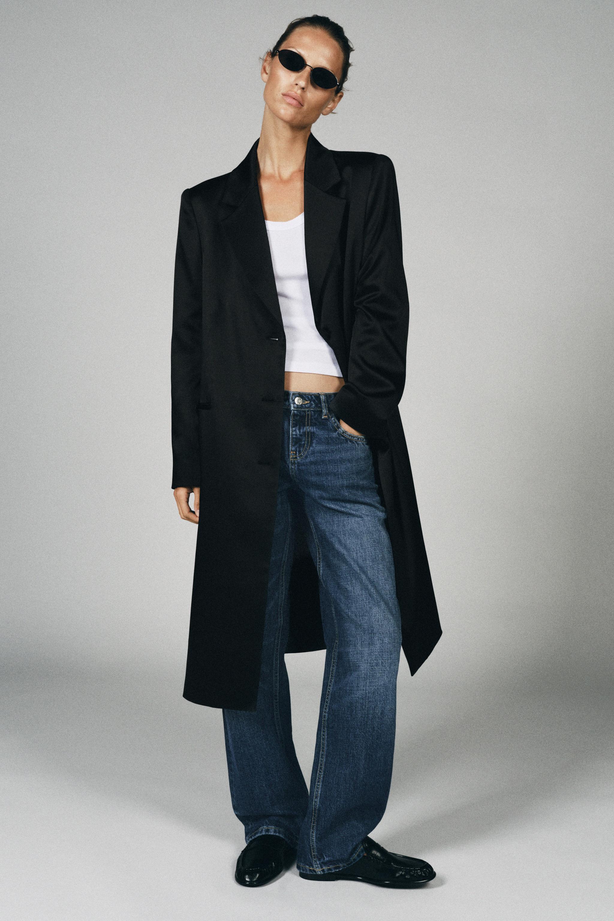 Satin Coat With Shoulder Pads - Black - S