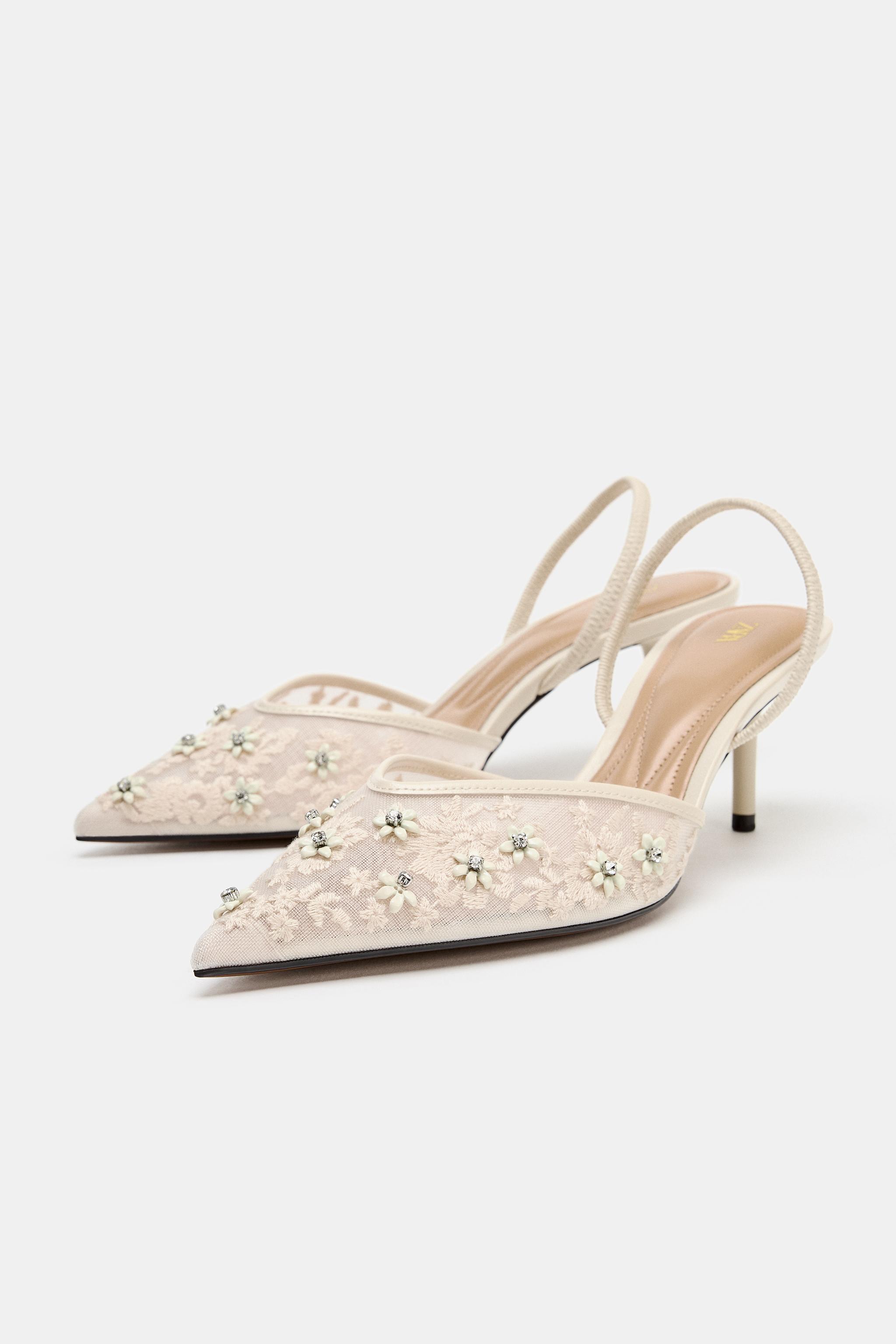 Mesh Embellished Slingback Heels - White - 5