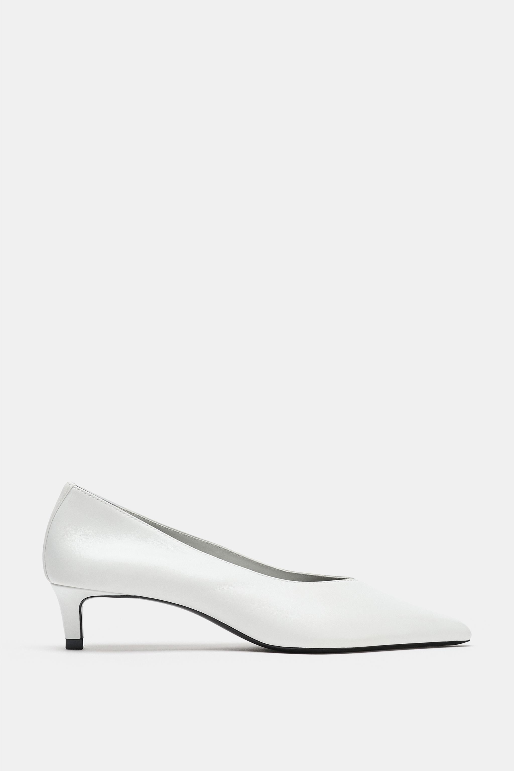 Pointed Leather Kitten Heel Shoes - White - 5