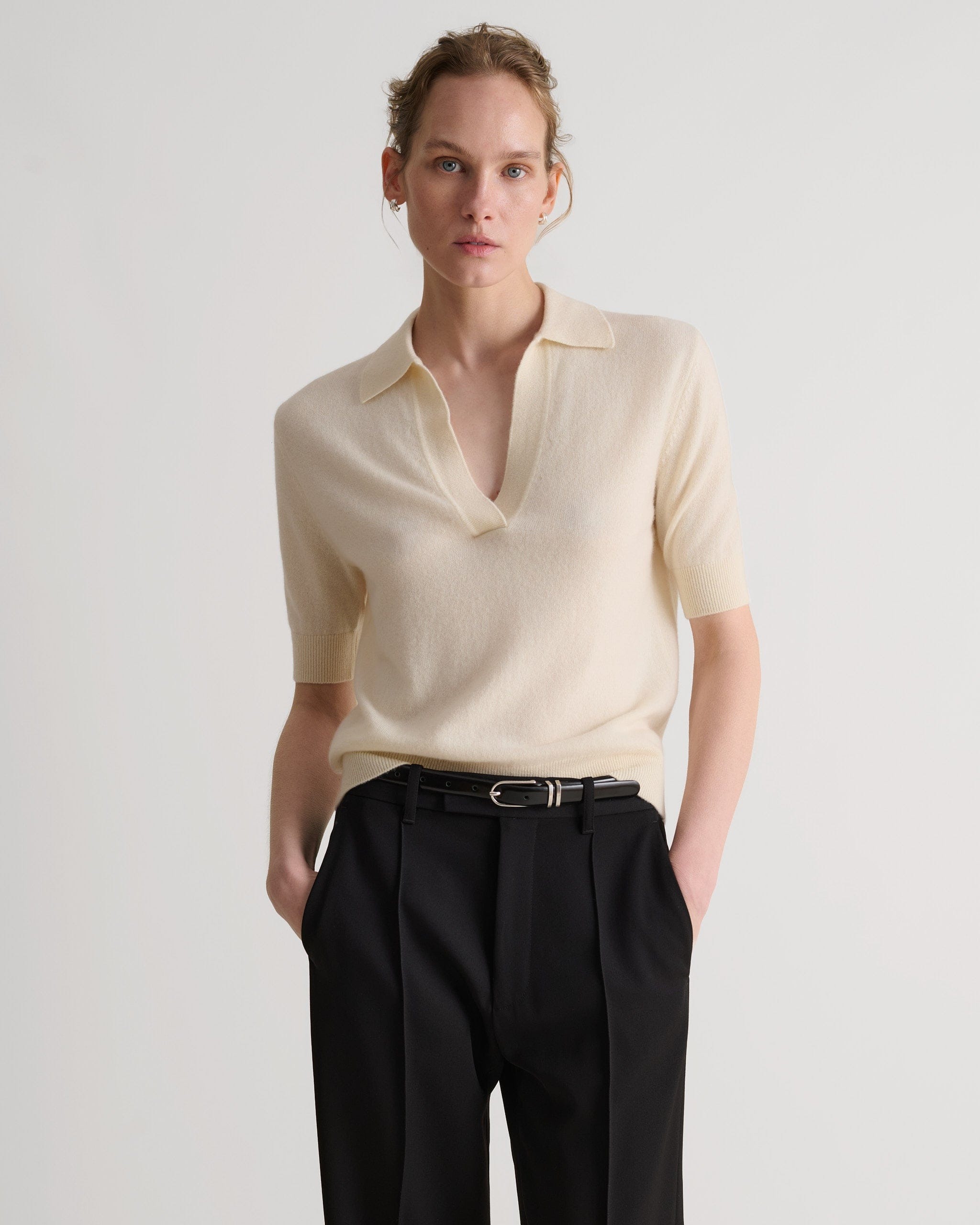 Rise & Fall, Women's Finest Cashmere Open Collar Polo - Buttermilk - Buttermilk / Xs