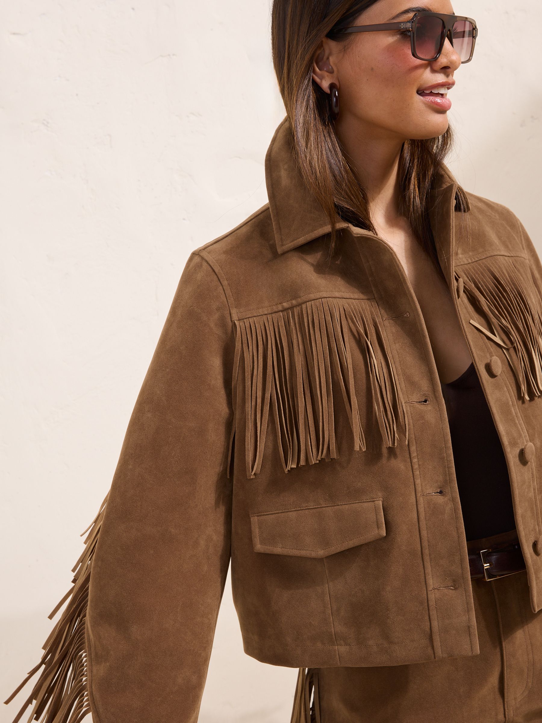 Friends Like These Tan Brown Fringe Faux Suede Jacket - Size 6