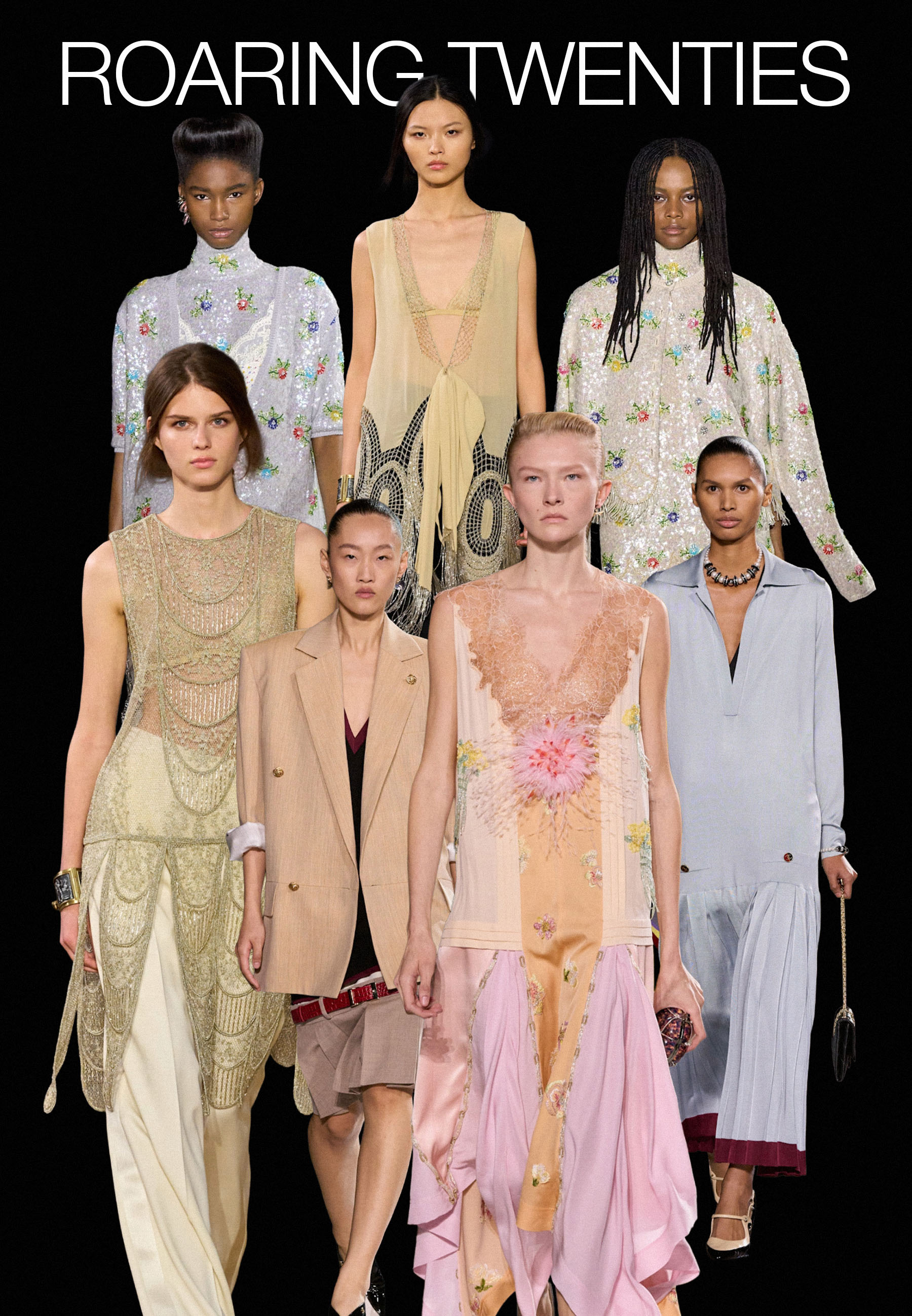 Collage of models on the autumn/winter 2026 runways wearing the 1920s inspired flapper trend