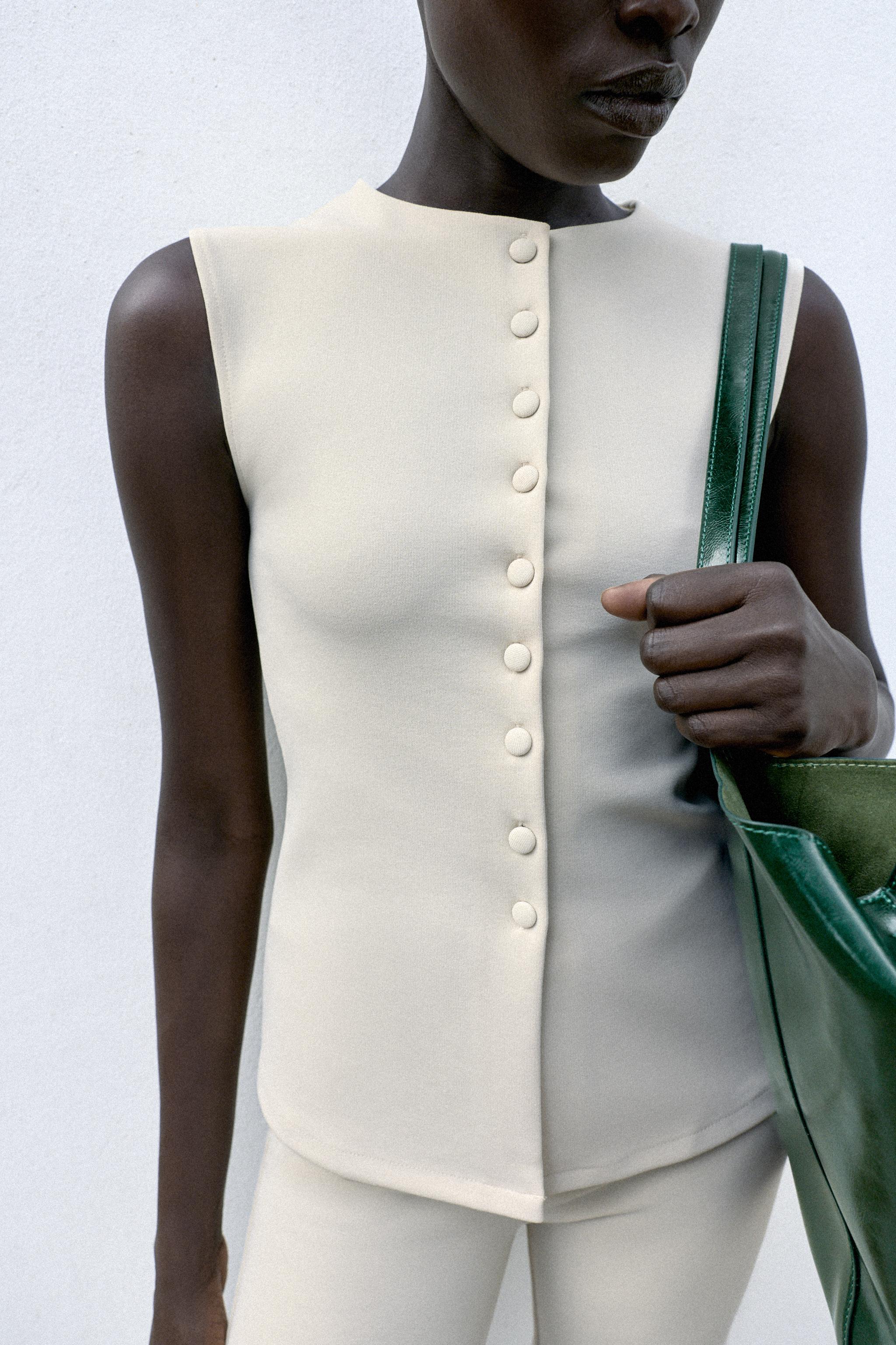 Fabric-Covered Button Vest - Ecru - S