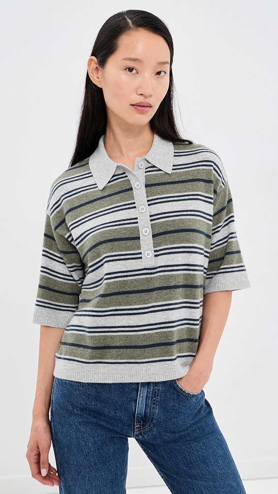 Stripe Polo Pullover - Moss/night Sky/light Heather
