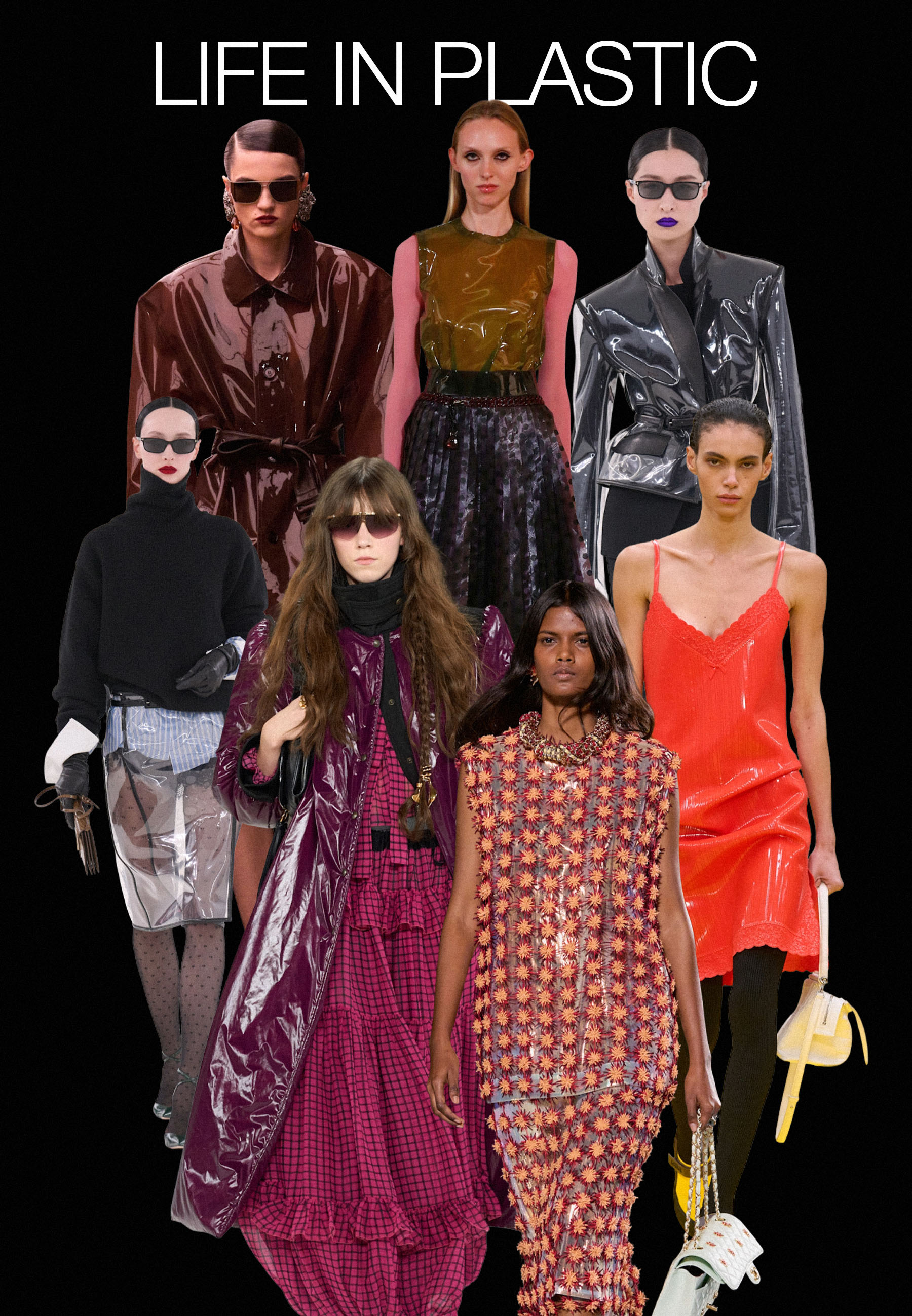 Collage of models on the autumn/winter 2026 Saint Laurent, Tom Ford, Chanel, Loewe, Chloe, Marc Jacobs runways wearing plastic trend.