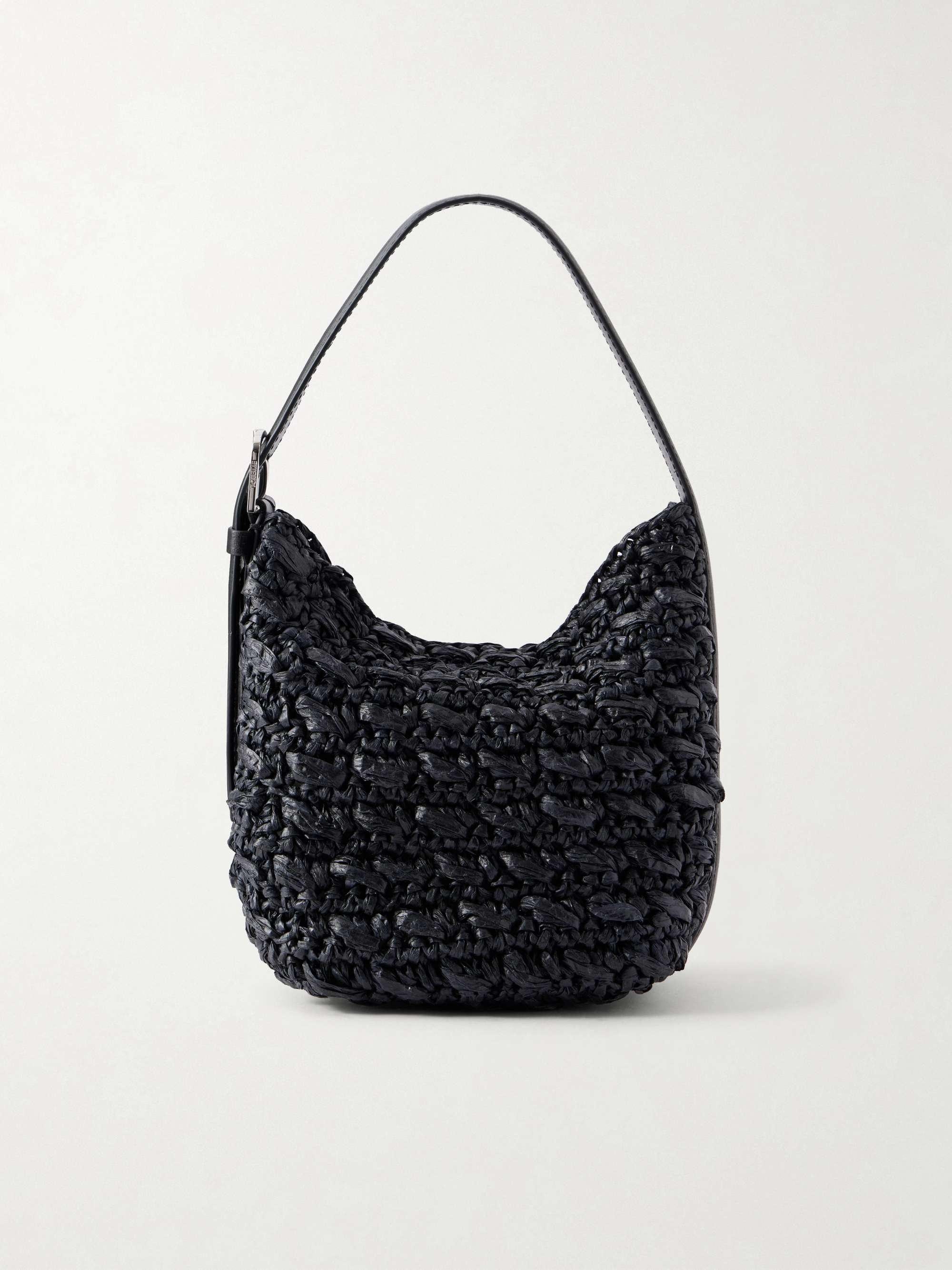 Belted Small Leather-Trimmed Raffia Shoulder Bag