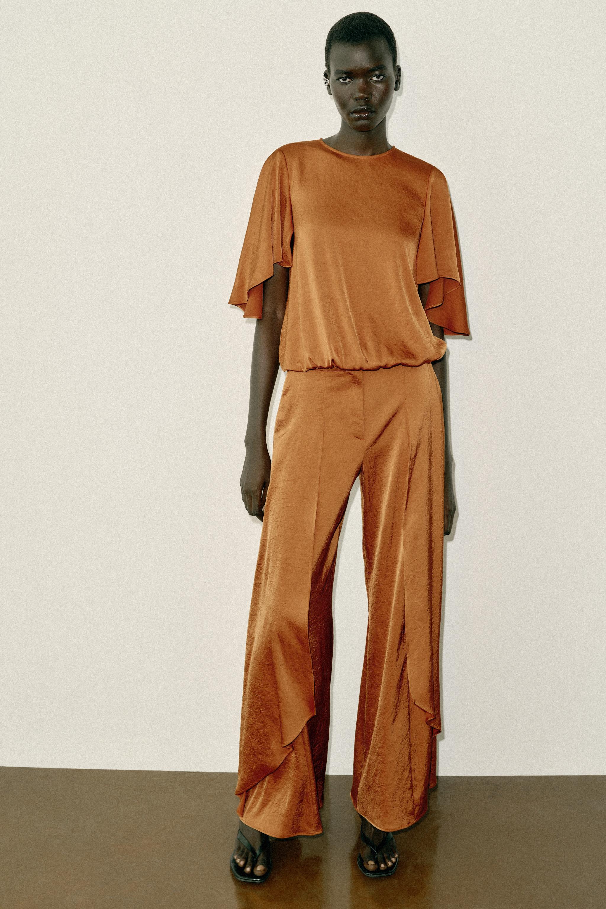 Wide-Leg Ruffled Flowing Trousers - Burnt Orange - Xs