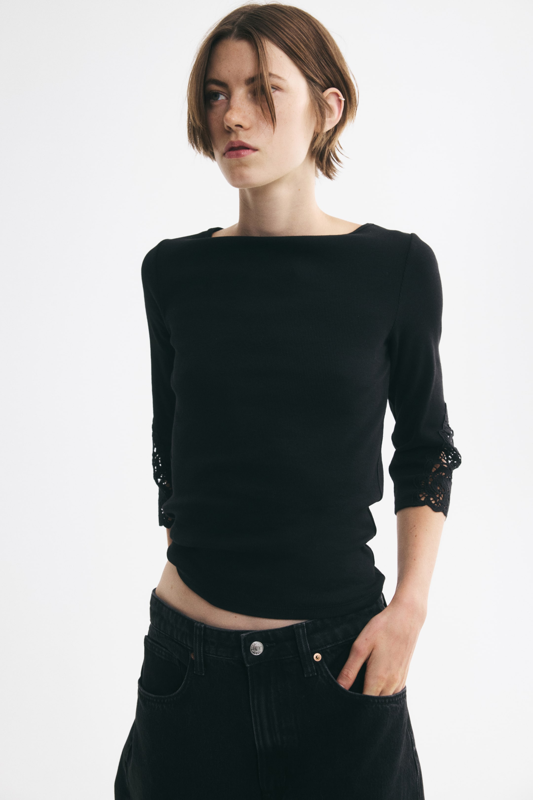Lace-Inset Boat-Neck Top