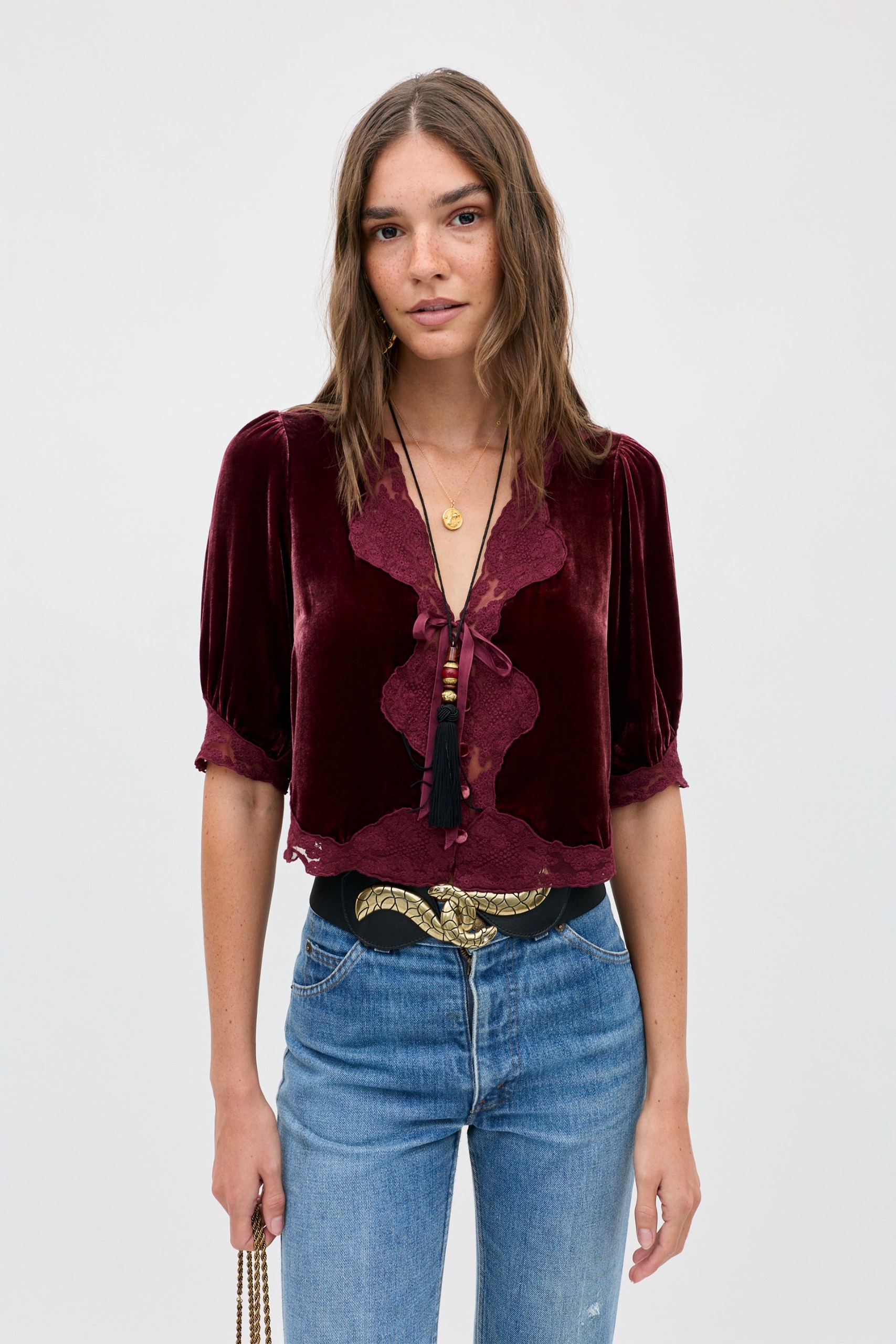 Ursula Silk-Velvet Top in Burgundy Bordeaux