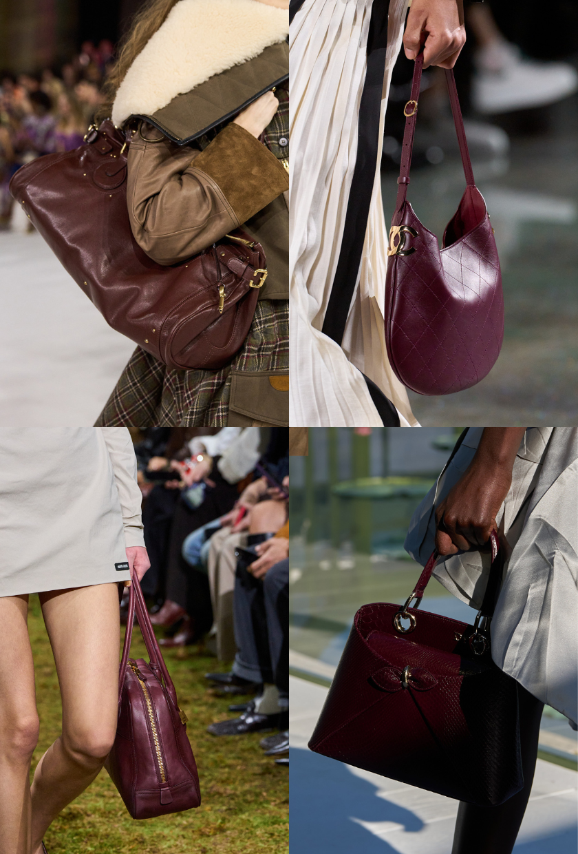 An image of burgundy bags from Chloe, Chanel. Miu Miu and Dior on the autumn/winter 2026 runways.