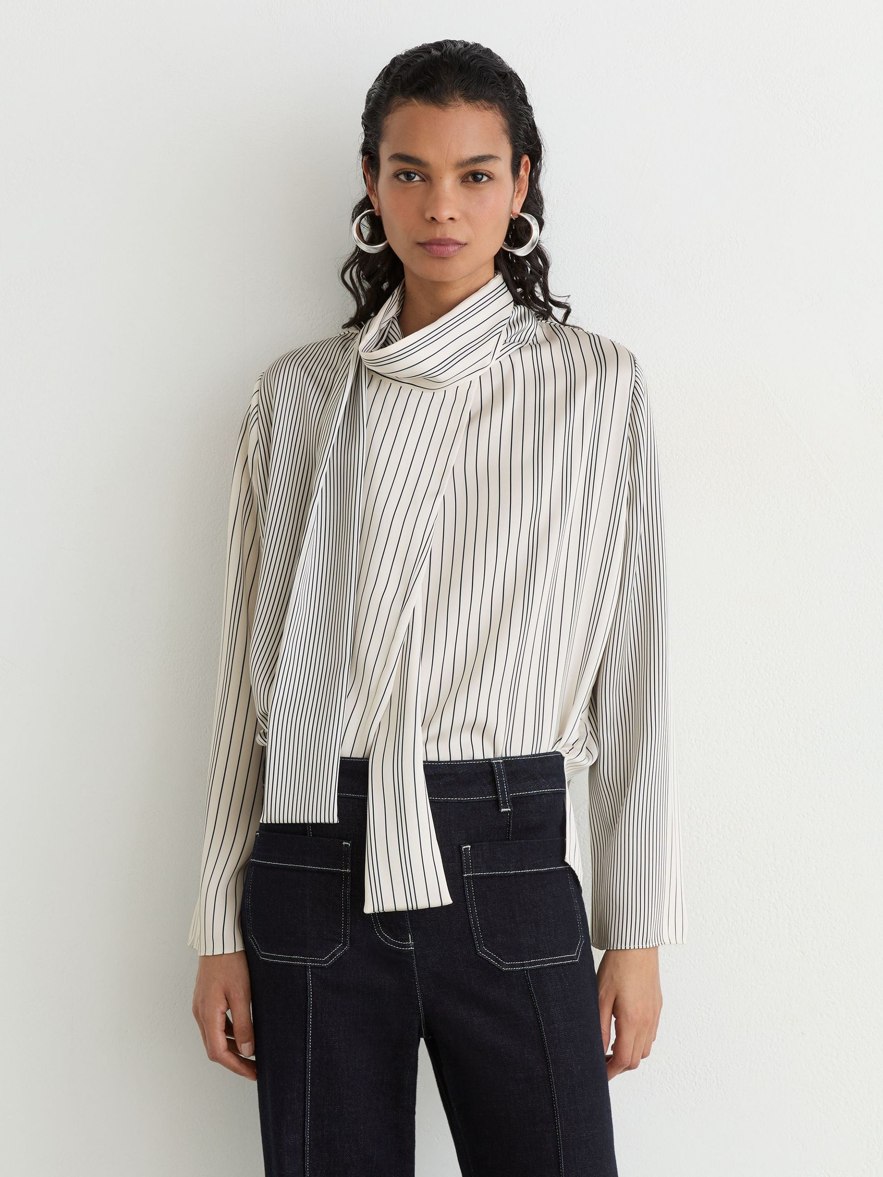 Striped Scarf-Neck Blouse in Ivory/navy - Size 4