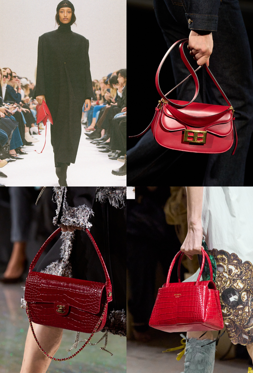 An image of red bags from Celine, Balenciaga, Chanel and Prada on the autumn/winter 2026 runways.