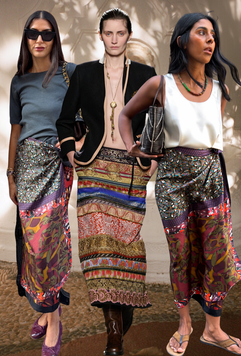 A collage of the patchwork skirt trend, one of the key printed skirt trends for autumn 2026.