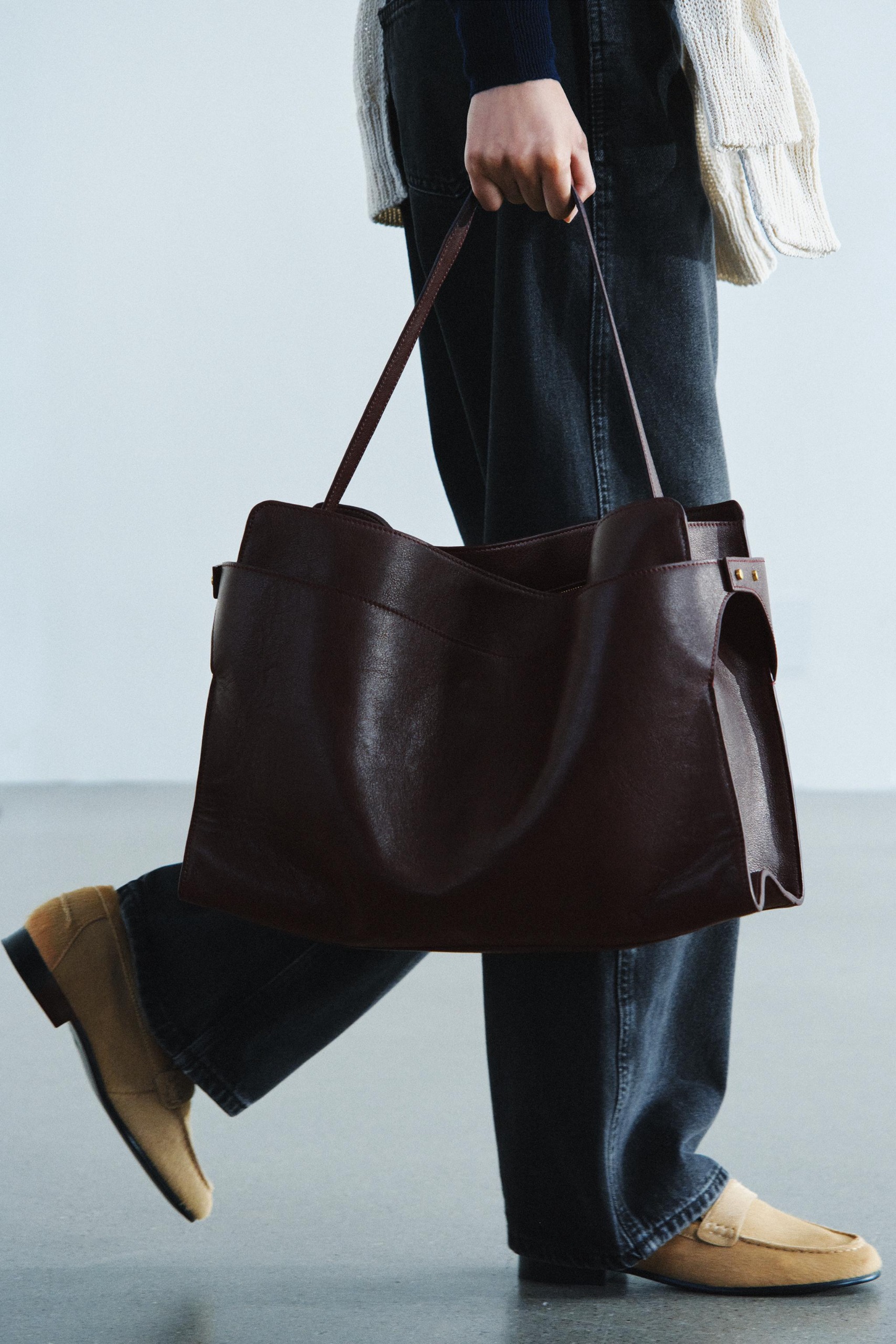 Leather Maxi Shopper Bag - Burgundy Red - One Size Only