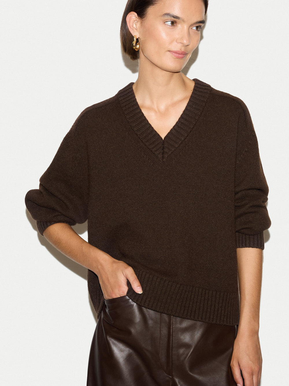 Jigsaw, Wool Cashmere Blend V Neck Jumper | Brown