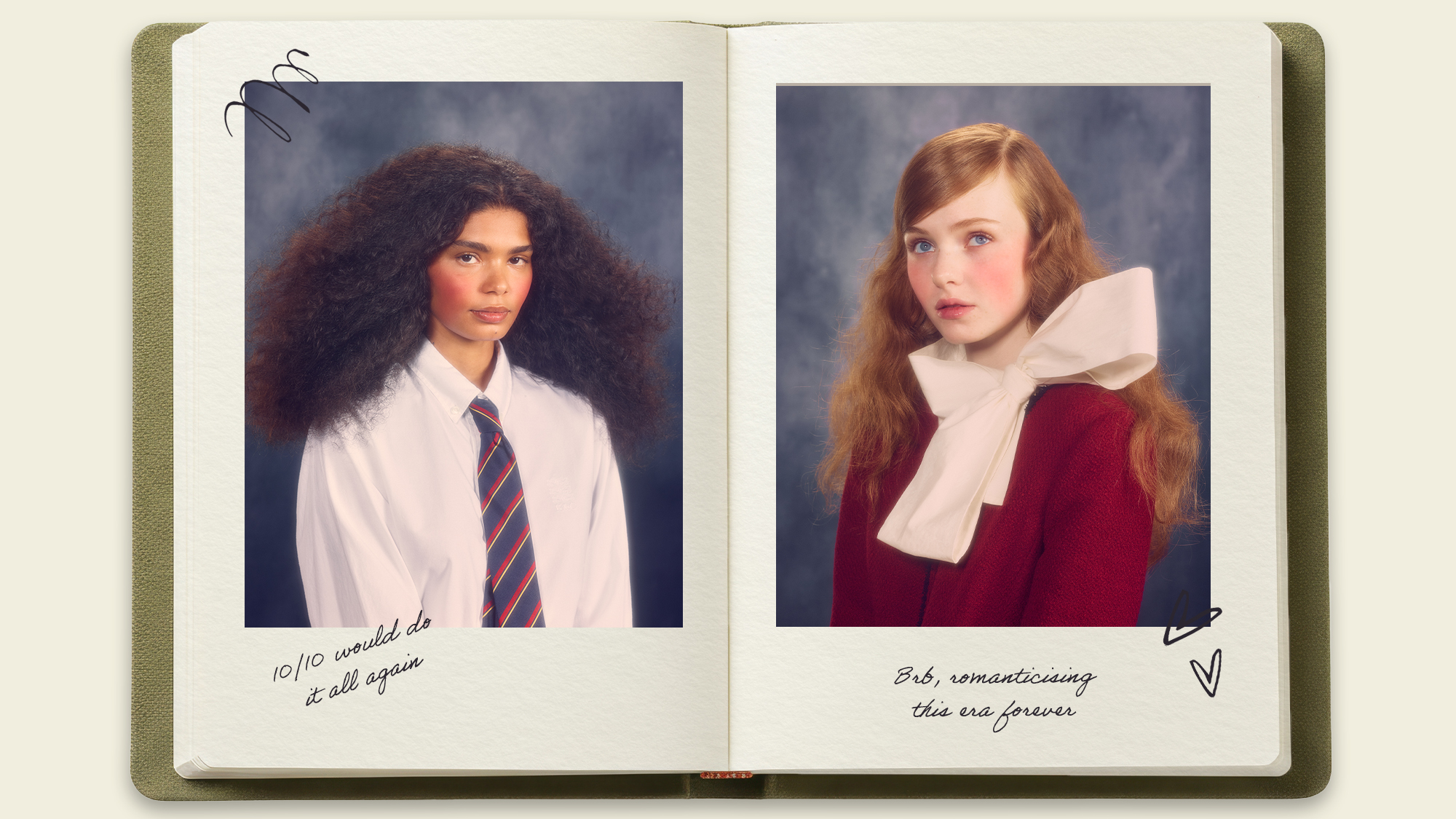 A year-book style graphic with models dressed in nostalgic school uniforms and bold blusher makeup