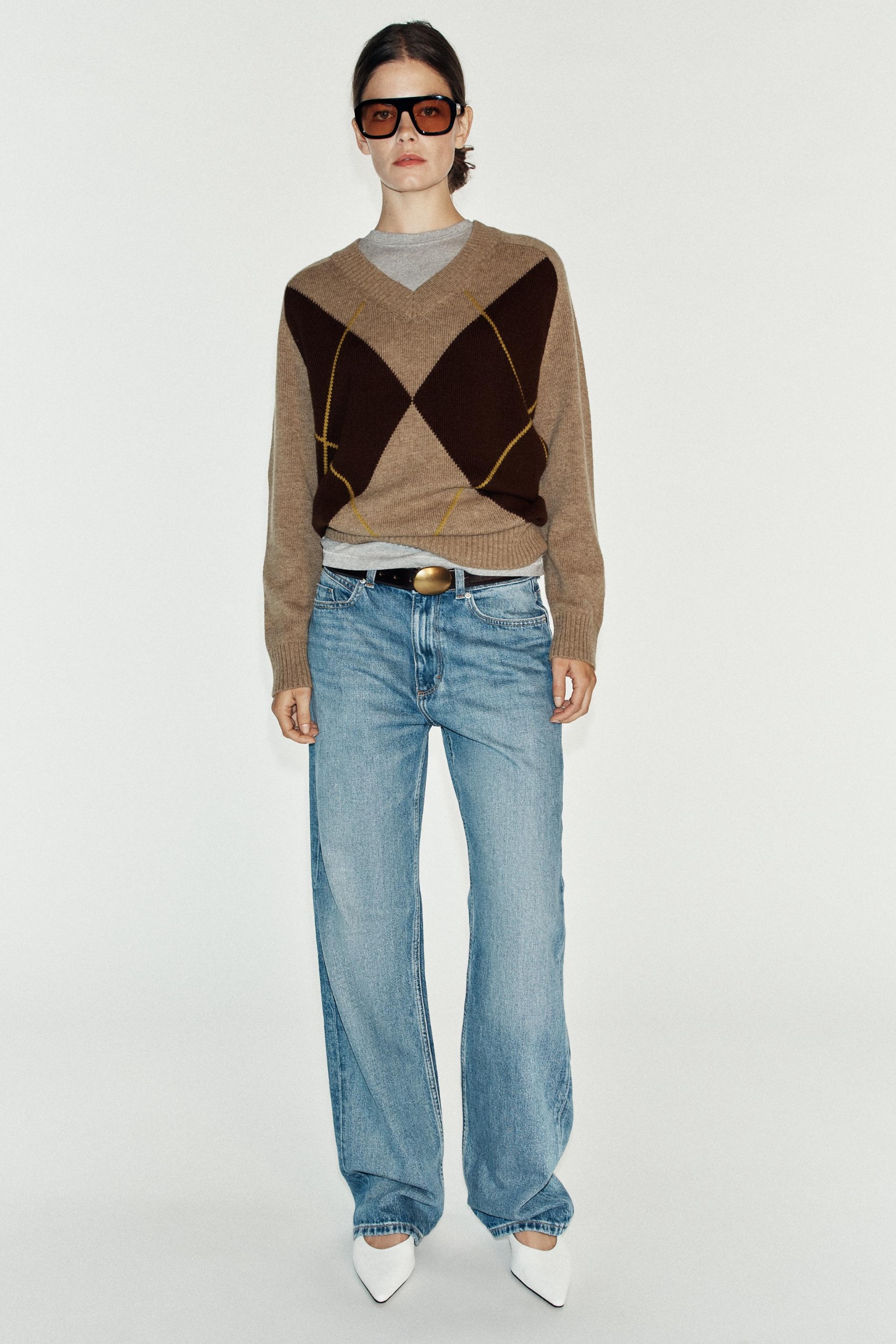 Argyle Knit Sweater - Mid-Camel - S