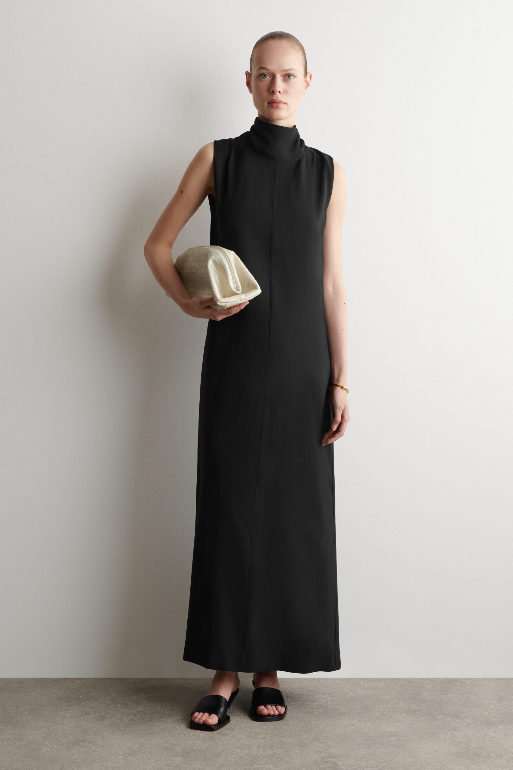 Draped Tie-Detail High-Neck Maxi Dress