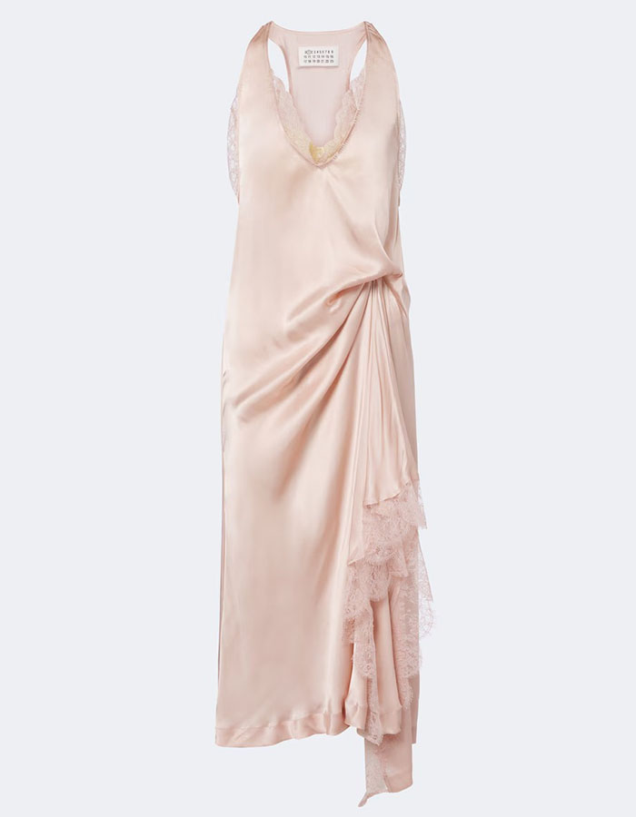 Gathered Lace-Trimmed Satin Slip Dress in Pink - Maison Margiela