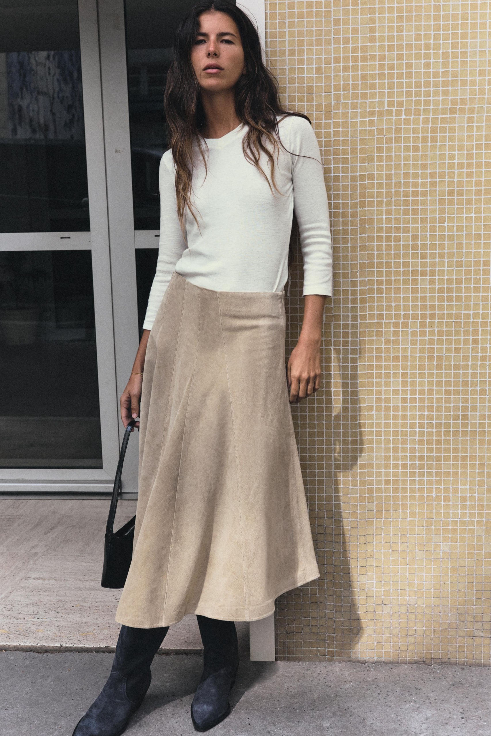 100% Leather Midi Skirt - Sand - Xs