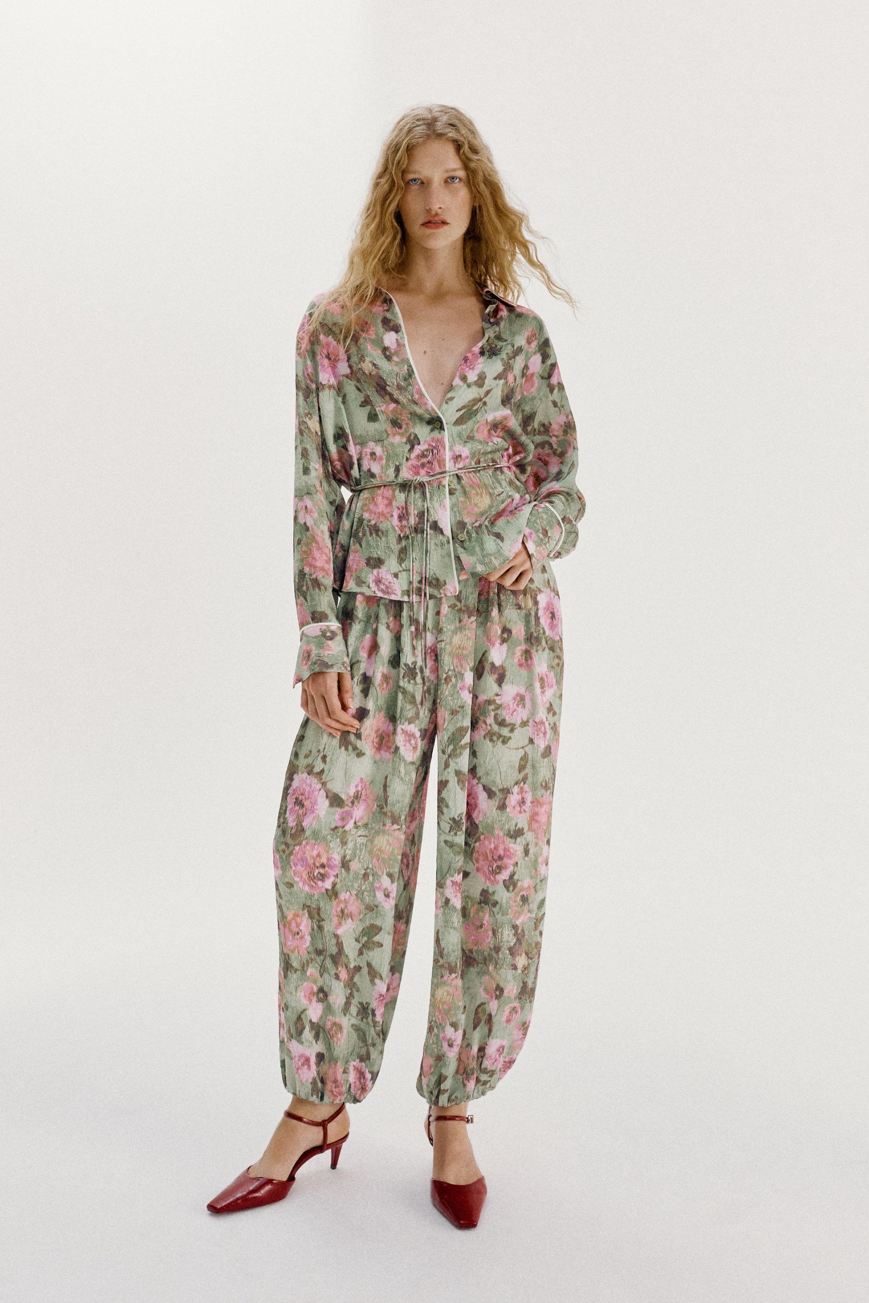 Floral Print Shirt With Slim Belt - Multicoloured - Xs