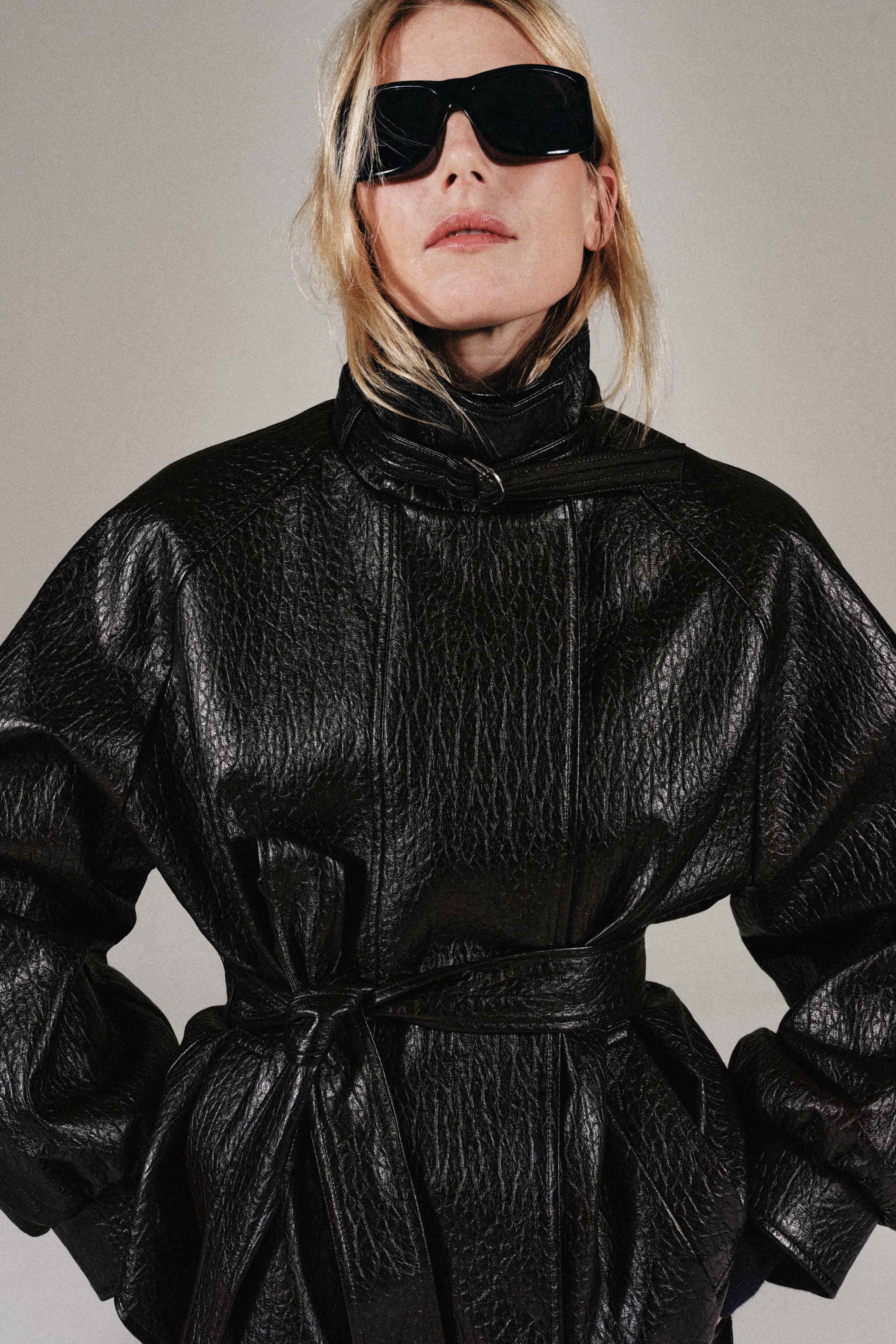 Belted Faux Leather Jacket - Brown - Xs