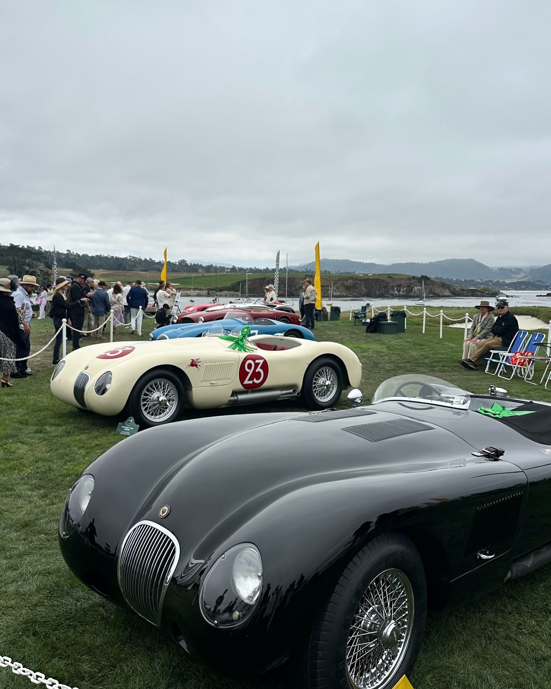 Cars parked on a lawn during Monterey Car Week.