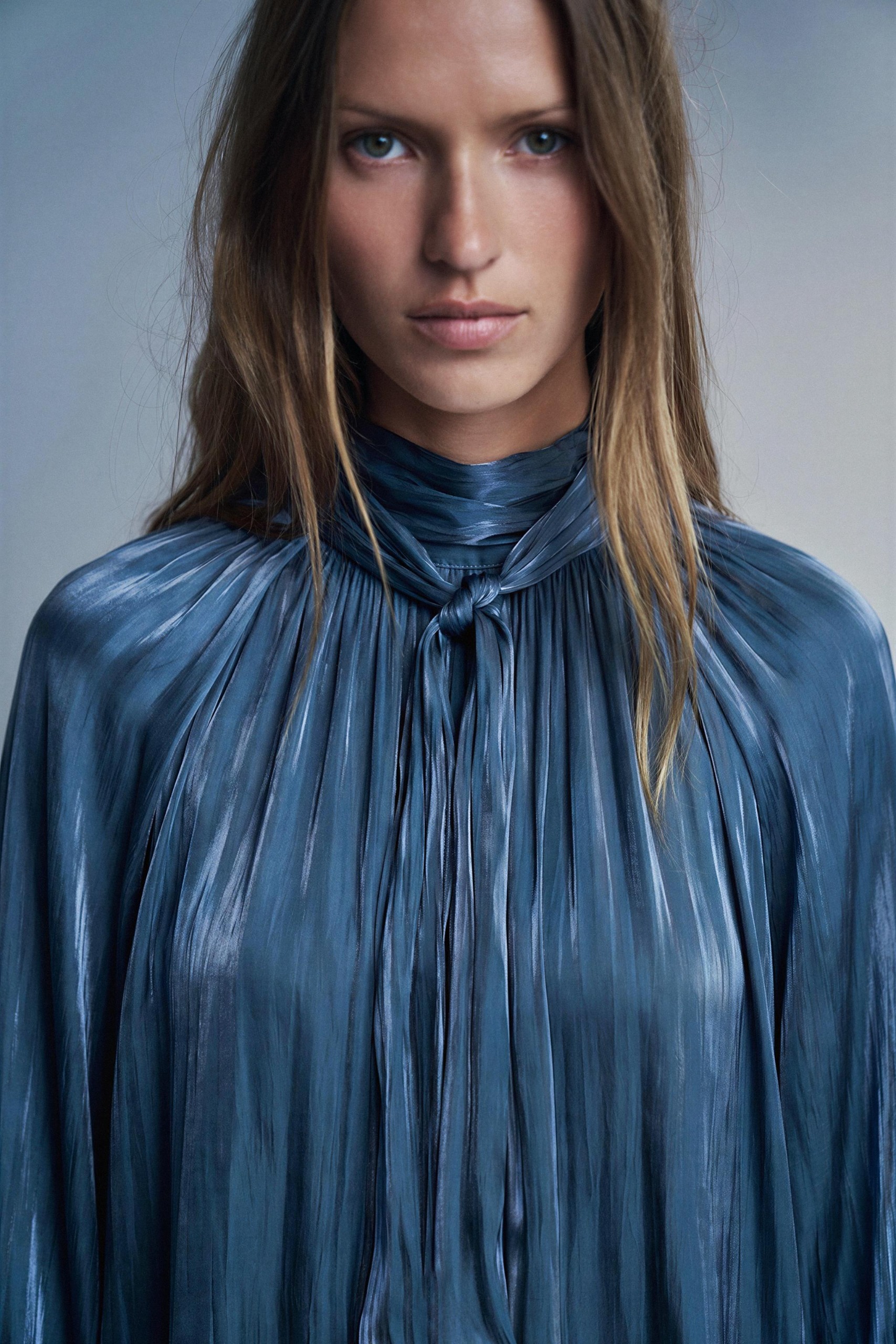 Satin Tie Blouse - Navy Blue - Xs